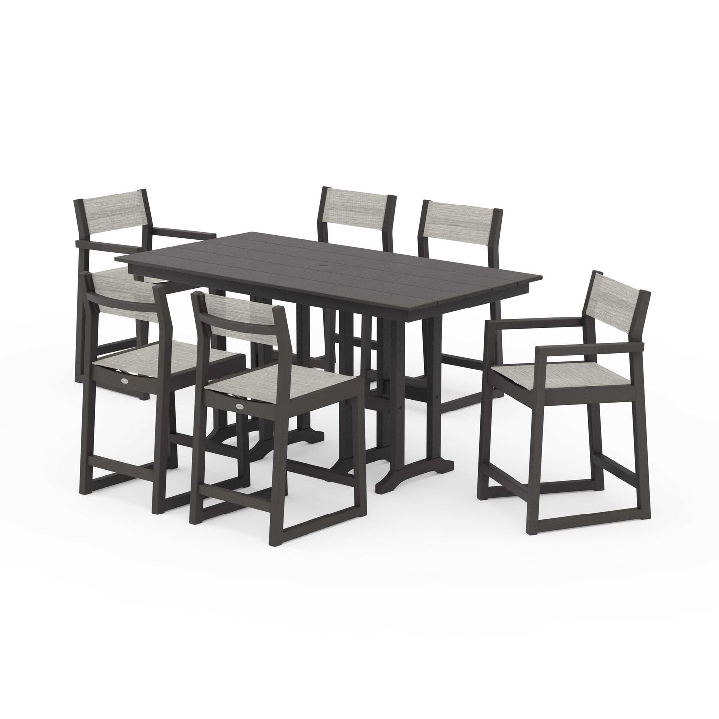 POLYWOOD EDGE Sling 7-Piece Farmhouse Counter Set with Trestle Legs — Vintage Coffee / Birch Sling