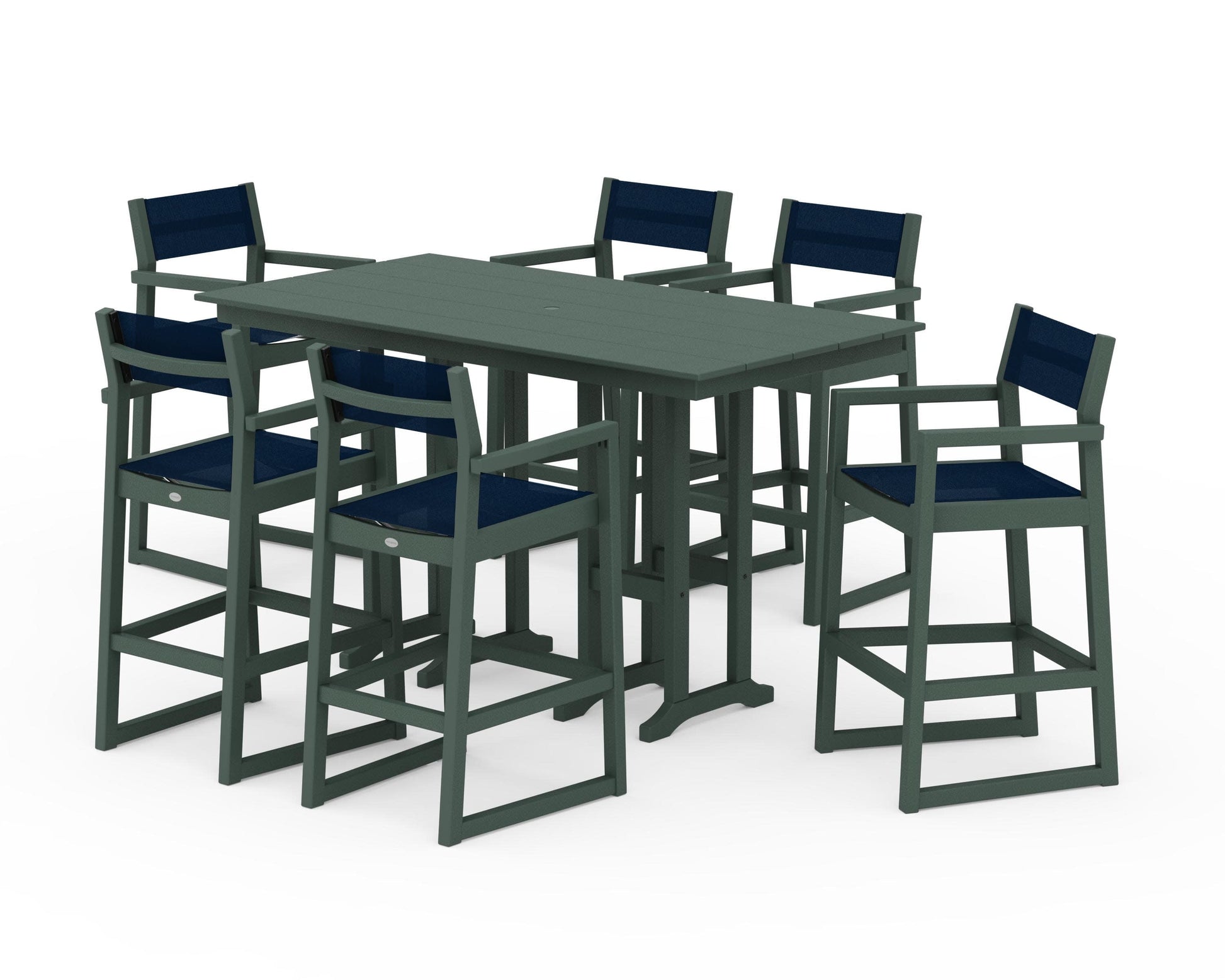 POLYWOOD EDGE Sling Arm Chair 7-Piece Farmhouse Bar Set — Green / Navy Blue Sling