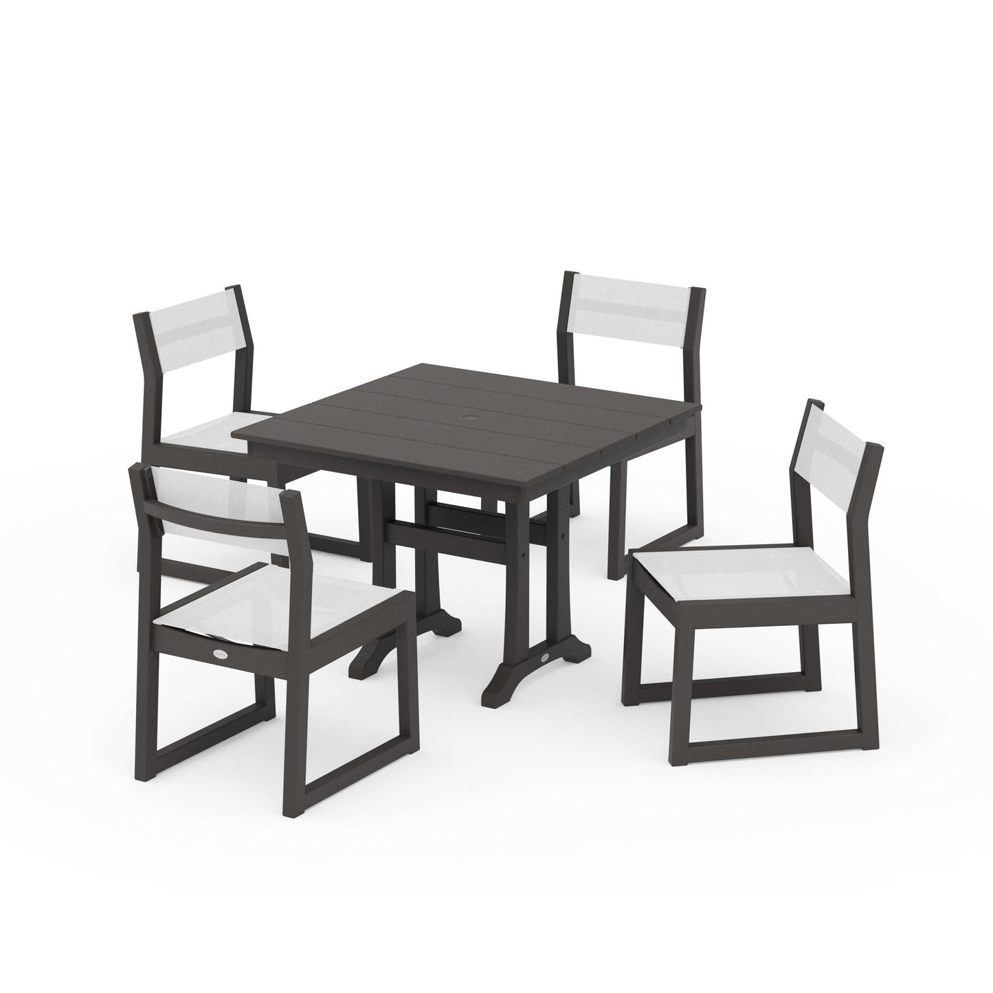 POLYWOOD EDGE Sling 5-Piece Farmhouse Trestle Side Chair Dining Set — Vintage Coffee / White Sling