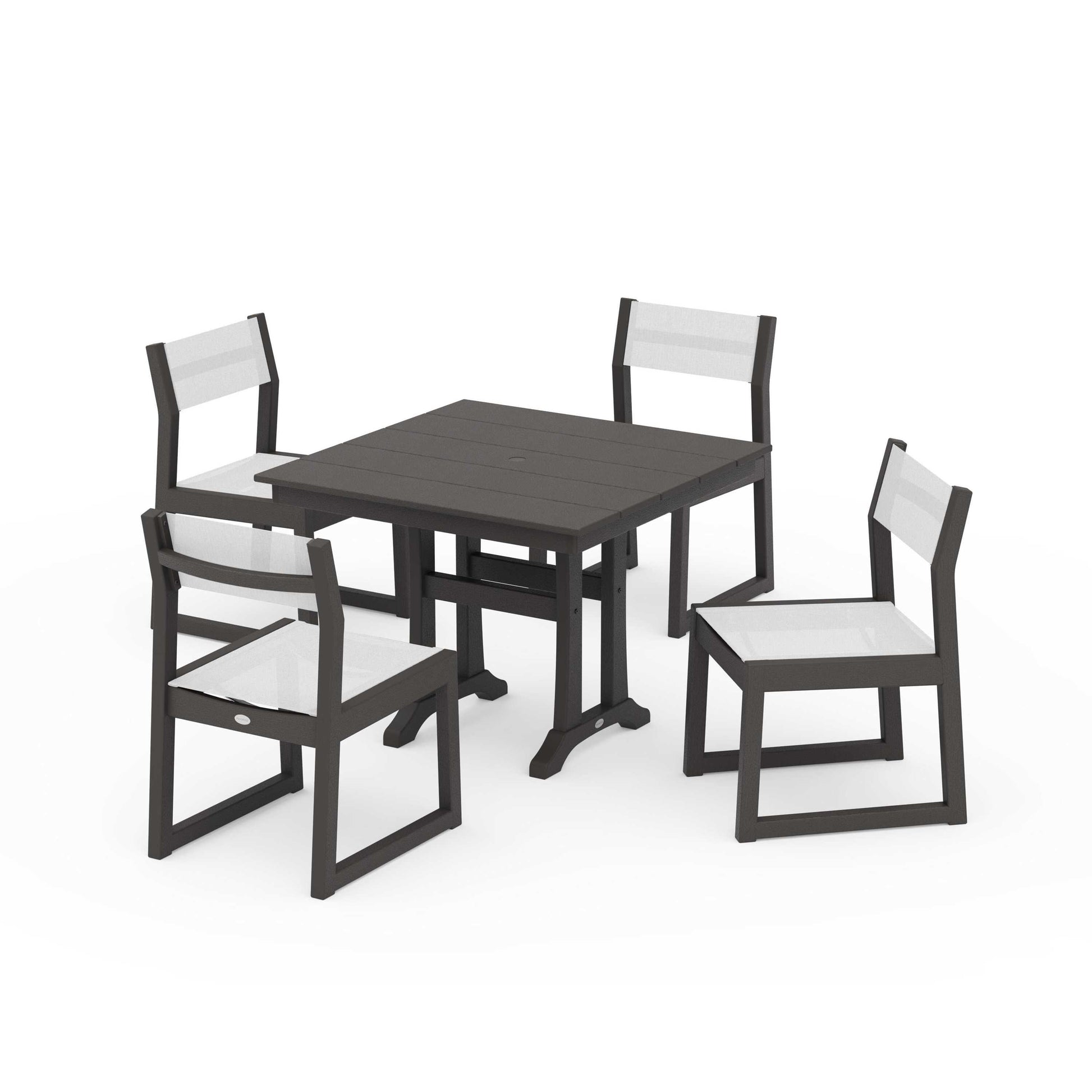 POLYWOOD EDGE Sling 5-Piece Farmhouse Trestle Side Chair Dining Set — Vintage Coffee / White Sling