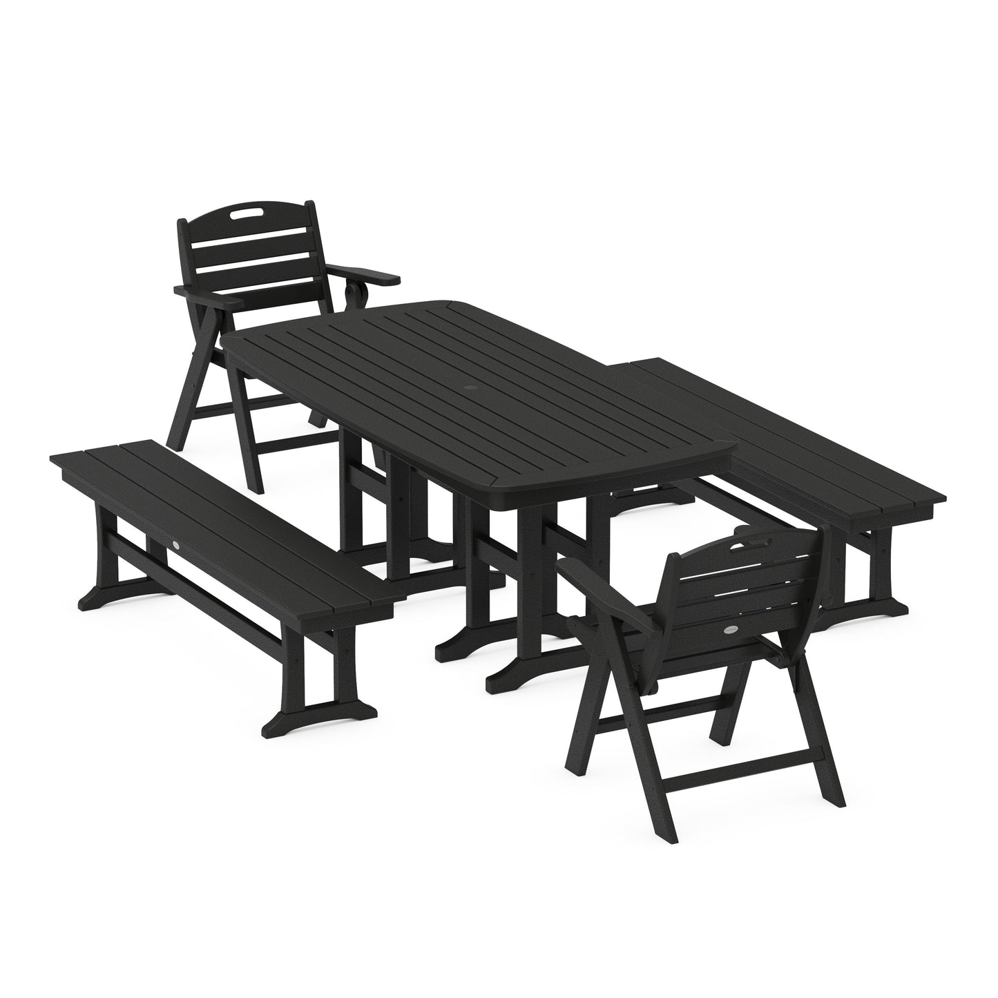 POLYWOOD Nautical Lowback 5-Piece Dining Set with Benches — Black