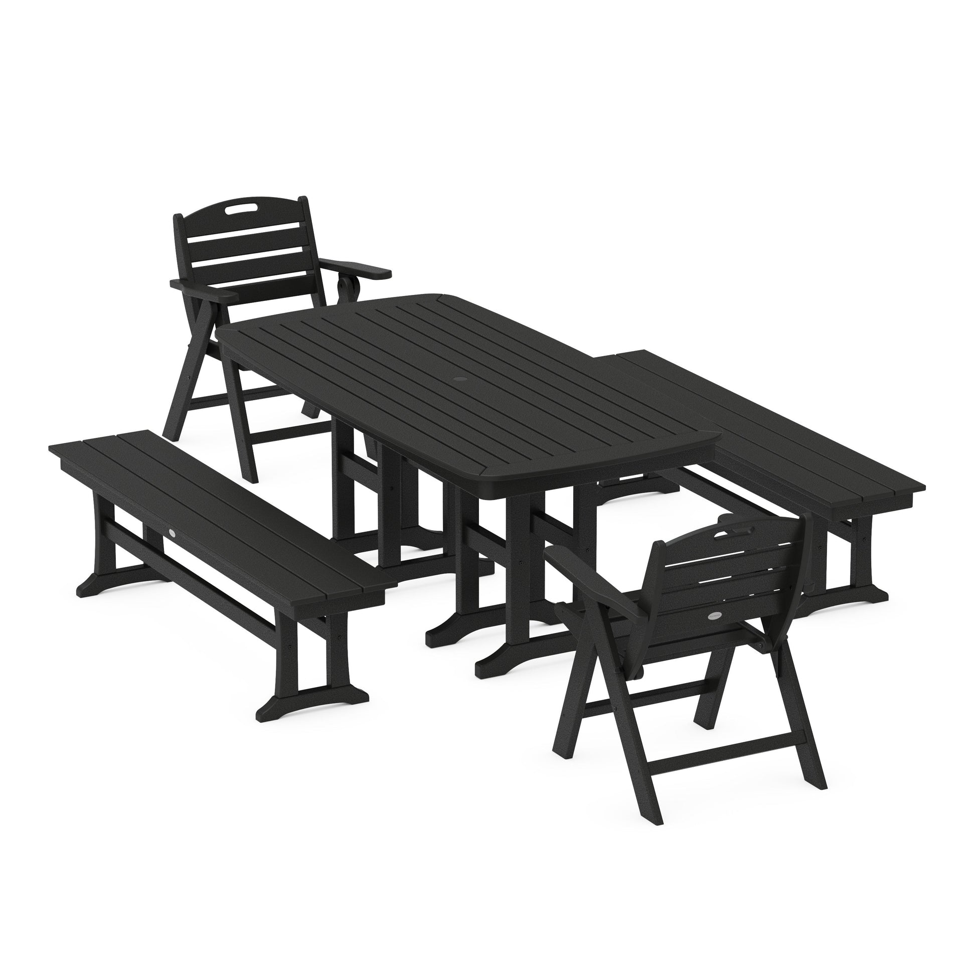POLYWOOD Nautical Lowback 5-Piece Dining Set with Benches — Black
