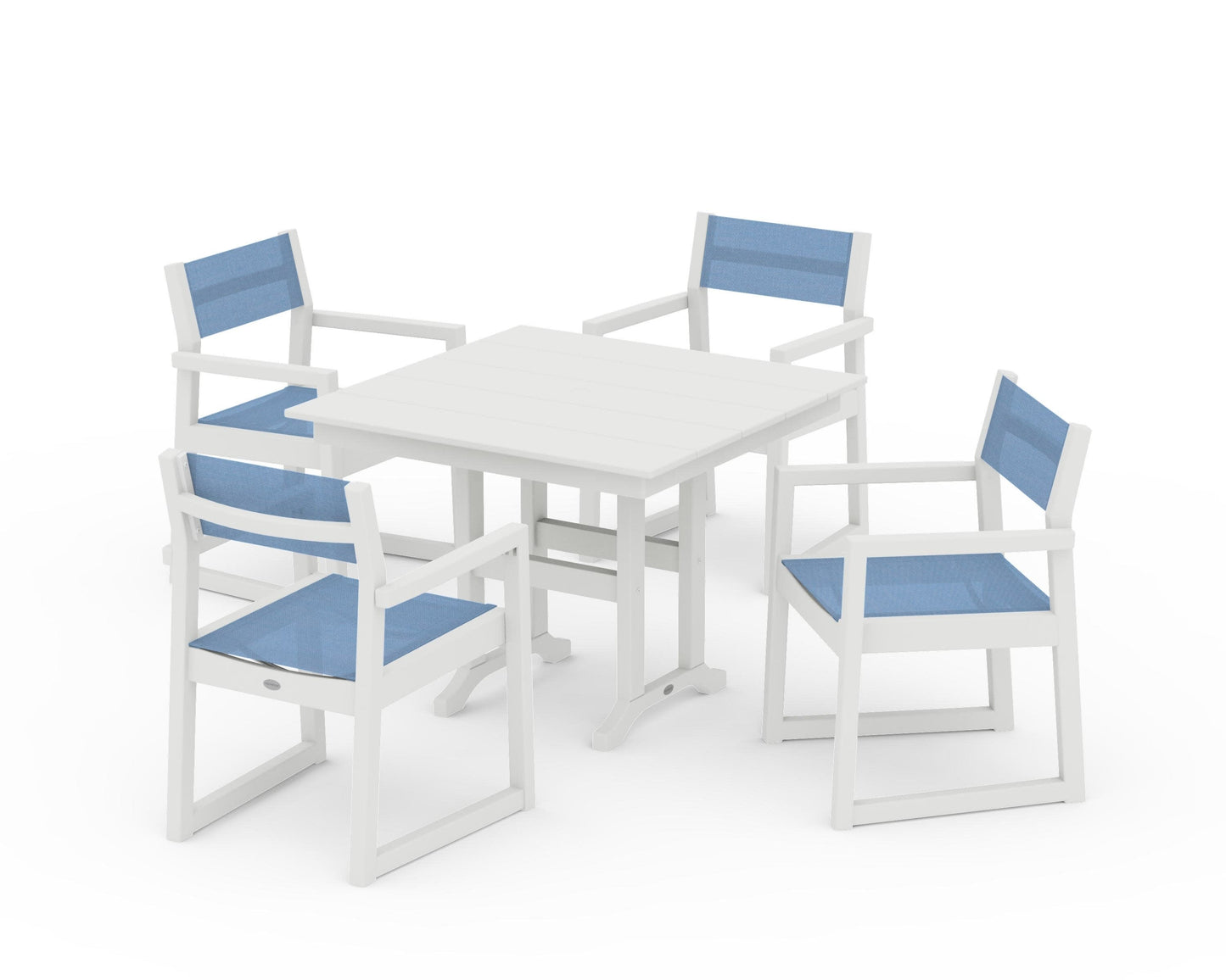 POLYWOOD EDGE Sling Arm Chair 5-Piece Farmhouse Dining Set — Vintage White / Poolside Sling
