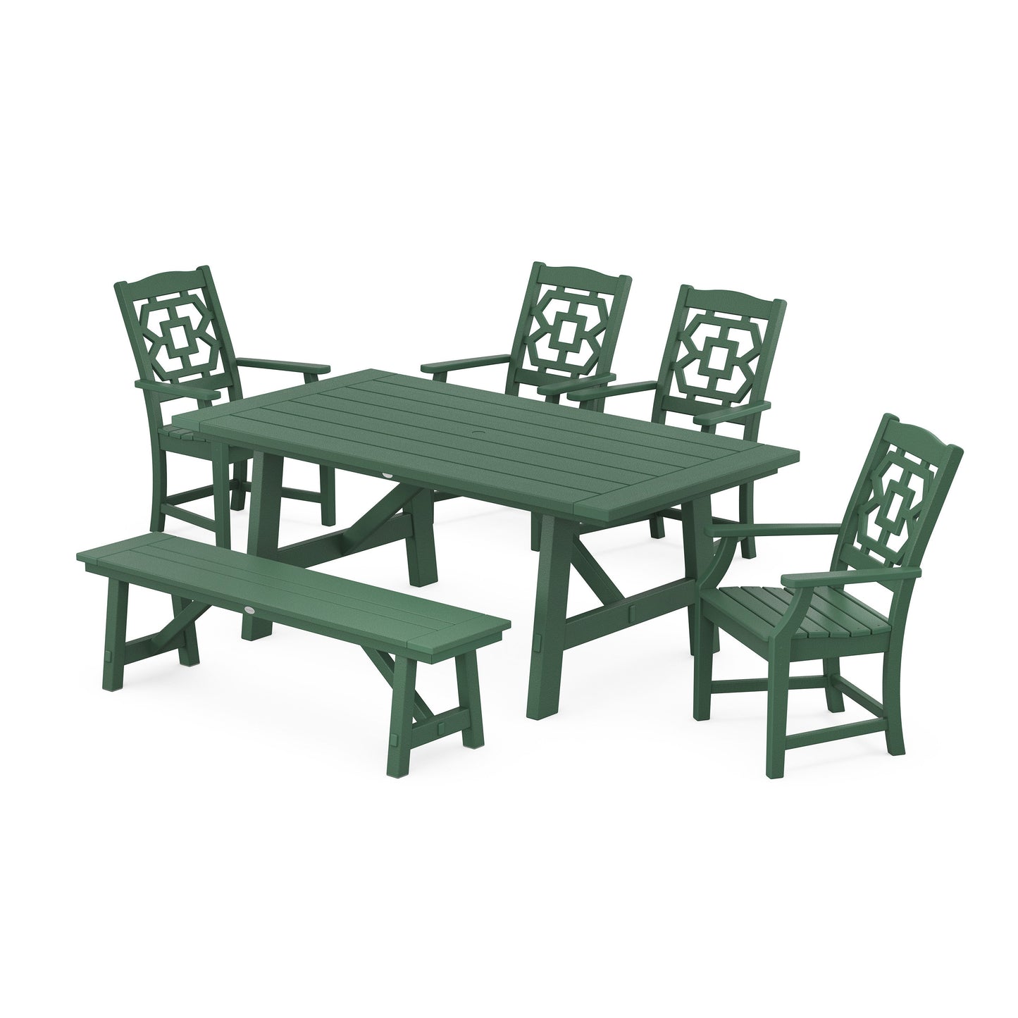 POLYWOOD Chinoiserie 6-Piece Rustic Farmhouse Dining Set with Bench — Green