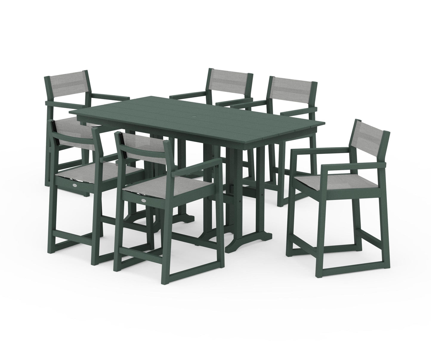 POLYWOOD EDGE Sling Arm Chair 7-Piece Farmhouse Counter Set — Green / Metallic Sling