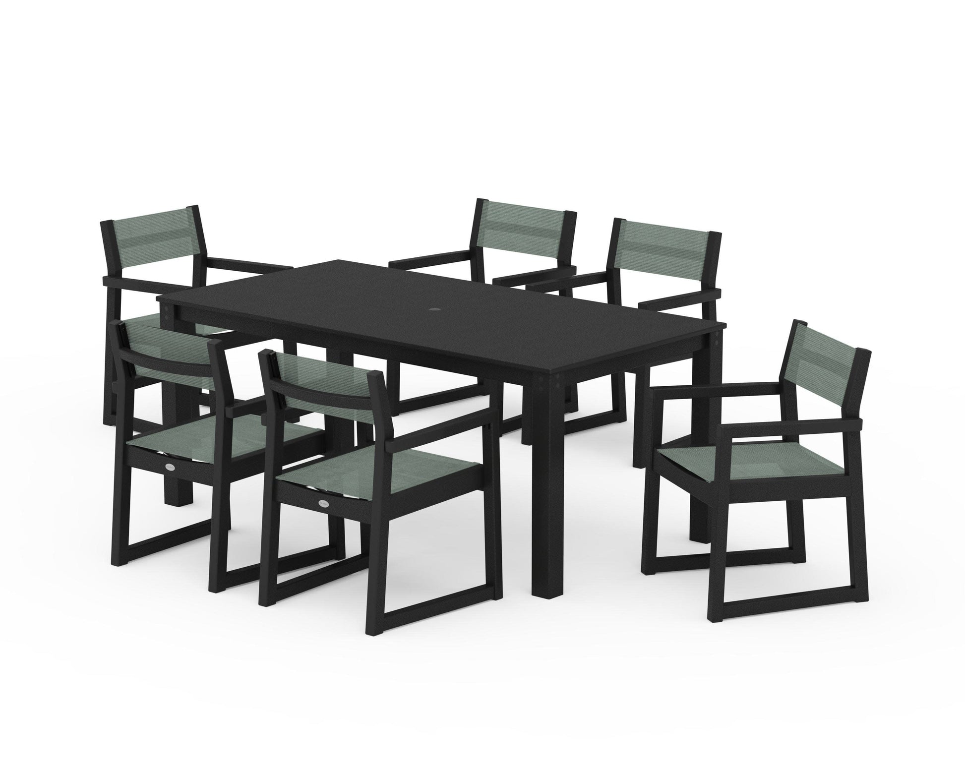 POLYWOOD EDGE Sling Arm Chair 7-Piece Parsons Dining Set — Black / Dupioni Sea Mist Sling
