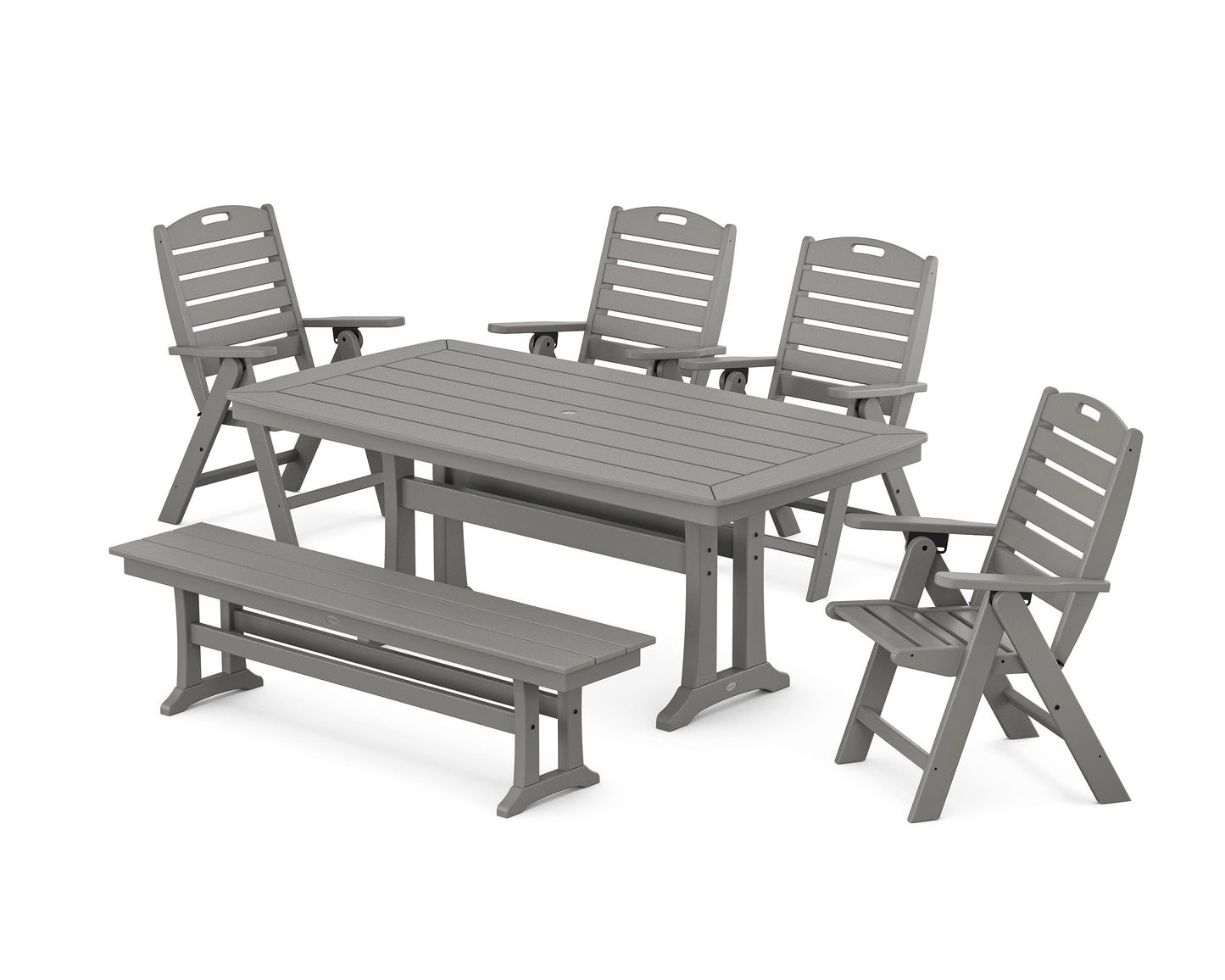 POLYWOOD Nautical Highback 6-Piece Dining Set with Trestle Legs and Bench — Slate Grey