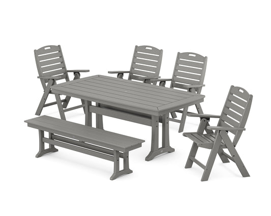 POLYWOOD Nautical Highback 6-Piece Dining Set with Trestle Legs and Bench — Slate Grey
