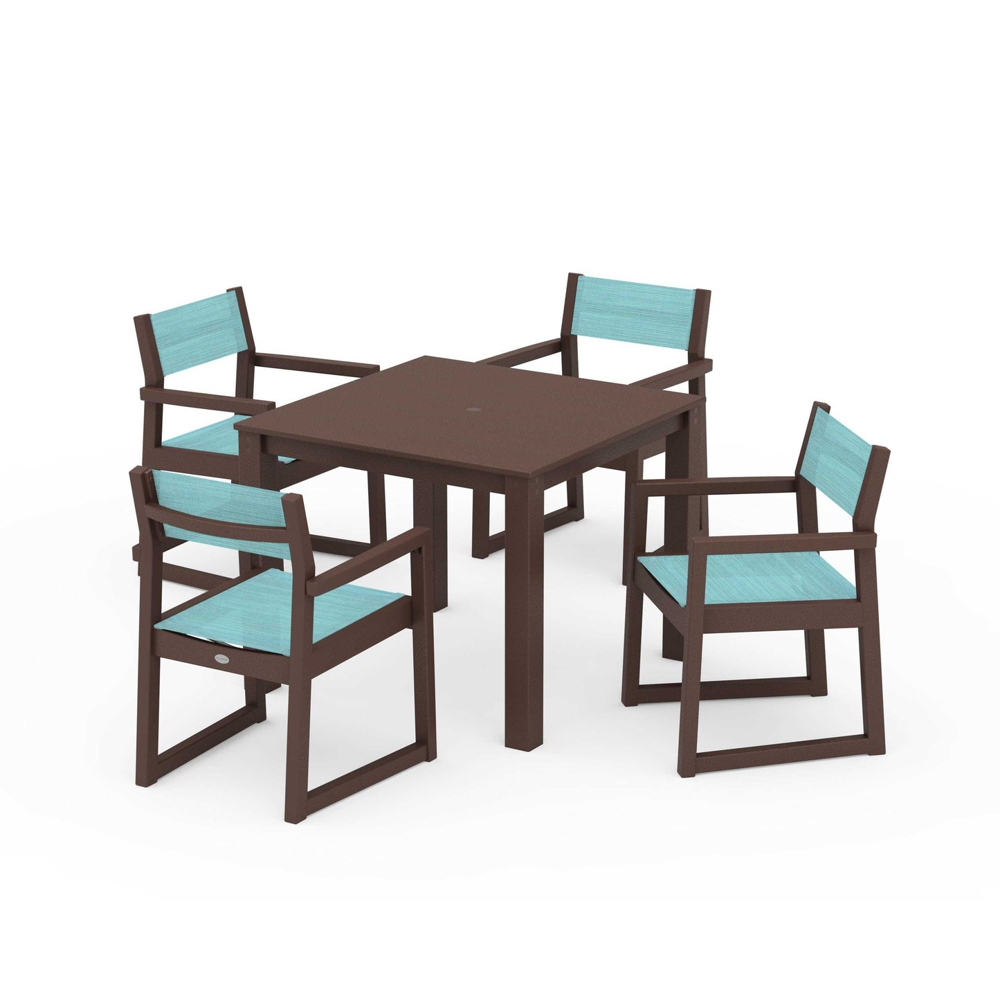 POLYWOOD EDGE Sling Arm Chair 5-Piece Parsons Dining Set — Mahogany / Dupioni Aquamarine Sling