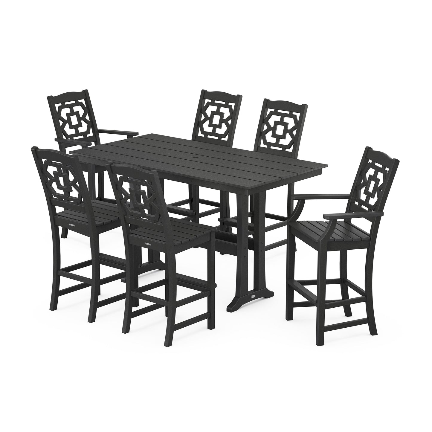POLYWOOD Chinoiserie 7-Piece Farmhouse Bar Set with Trestle Legs — Black