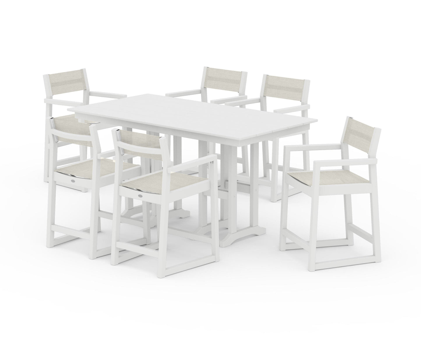 POLYWOOD EDGE Sling Arm Chair 7-Piece Farmhouse Counter Set — White / Parchment Sling