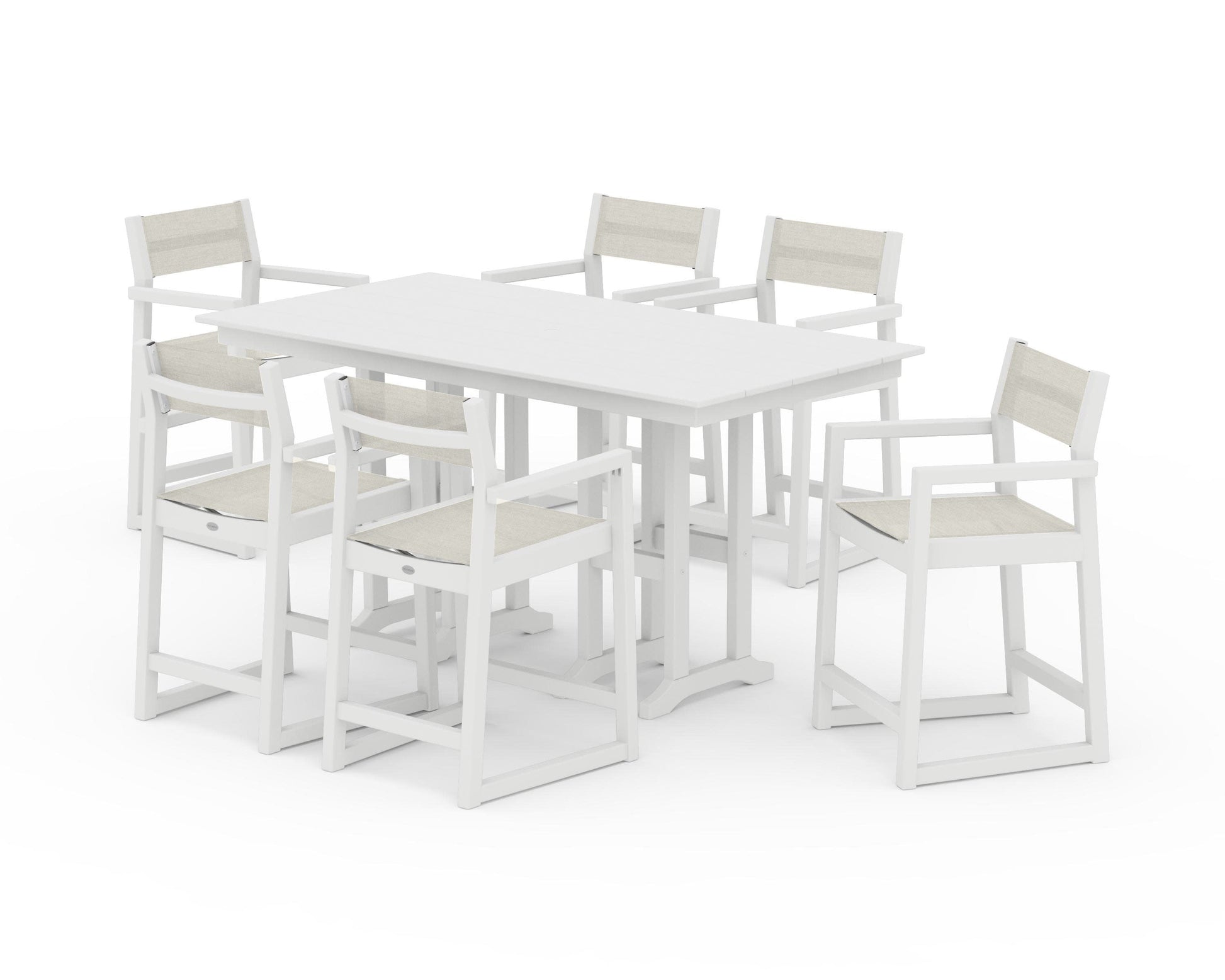 POLYWOOD EDGE Sling Arm Chair 7-Piece Farmhouse Counter Set — White / Parchment Sling