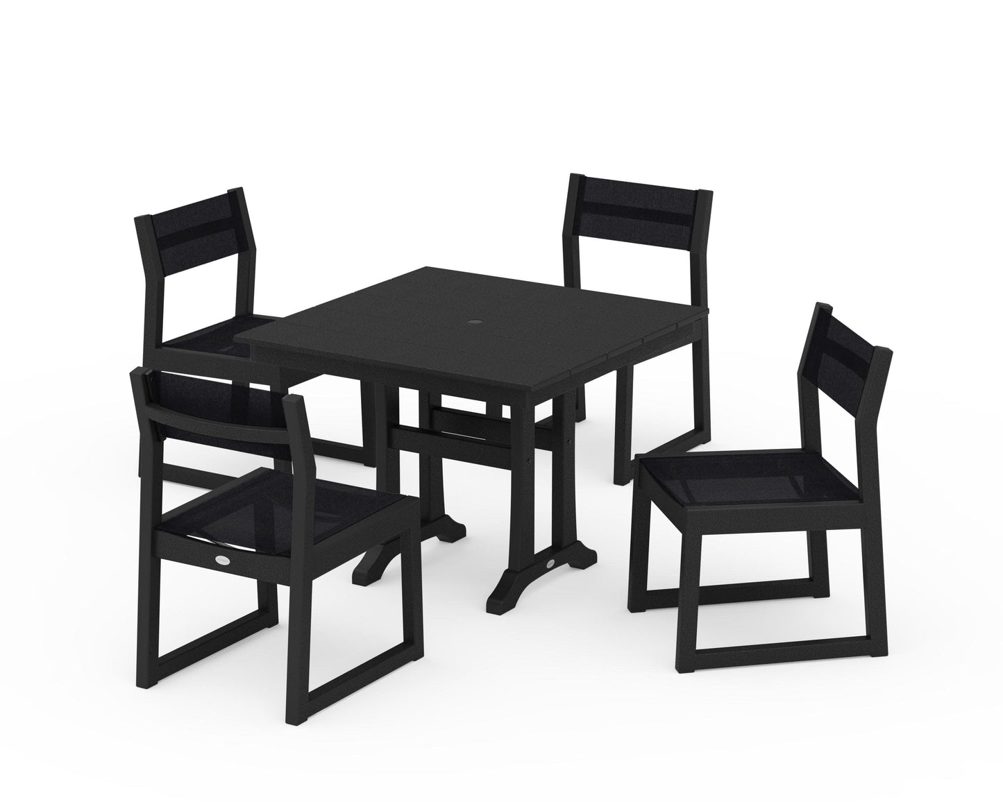 POLYWOOD EDGE Sling 5-Piece Farmhouse Trestle Side Chair Dining Set — Black / Black Sling