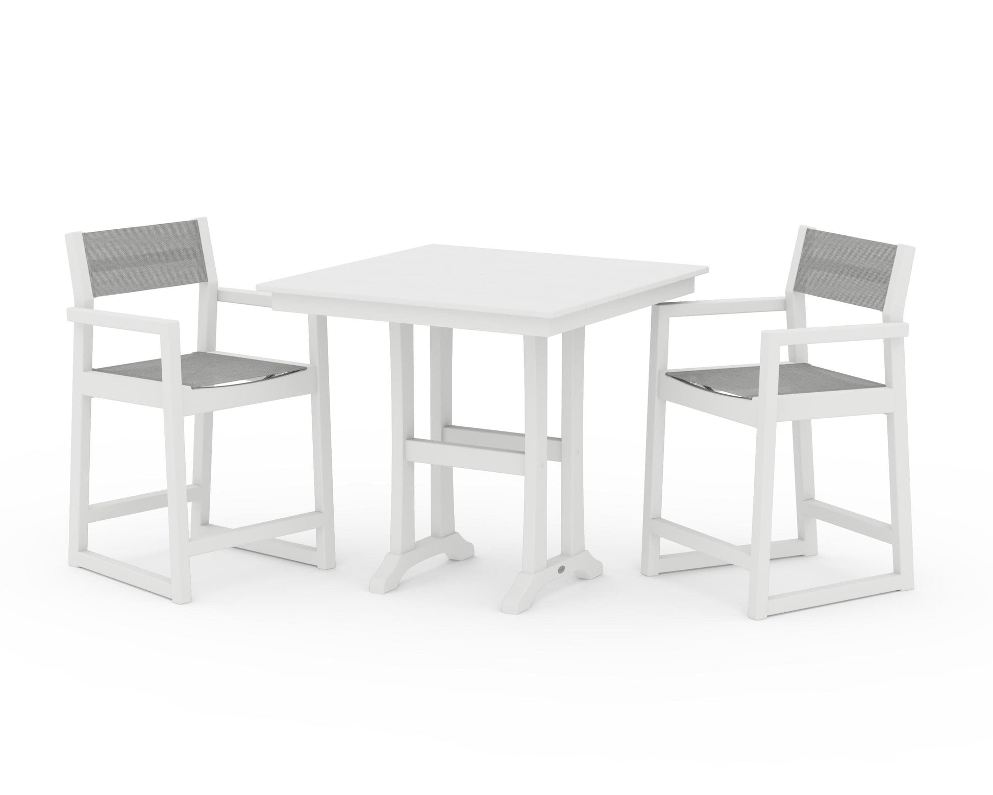 POLYWOOD EDGE Sling Arm Chair 3-Piece Farmhouse Counter Set with Trestle Legs — White / Metallic Sling