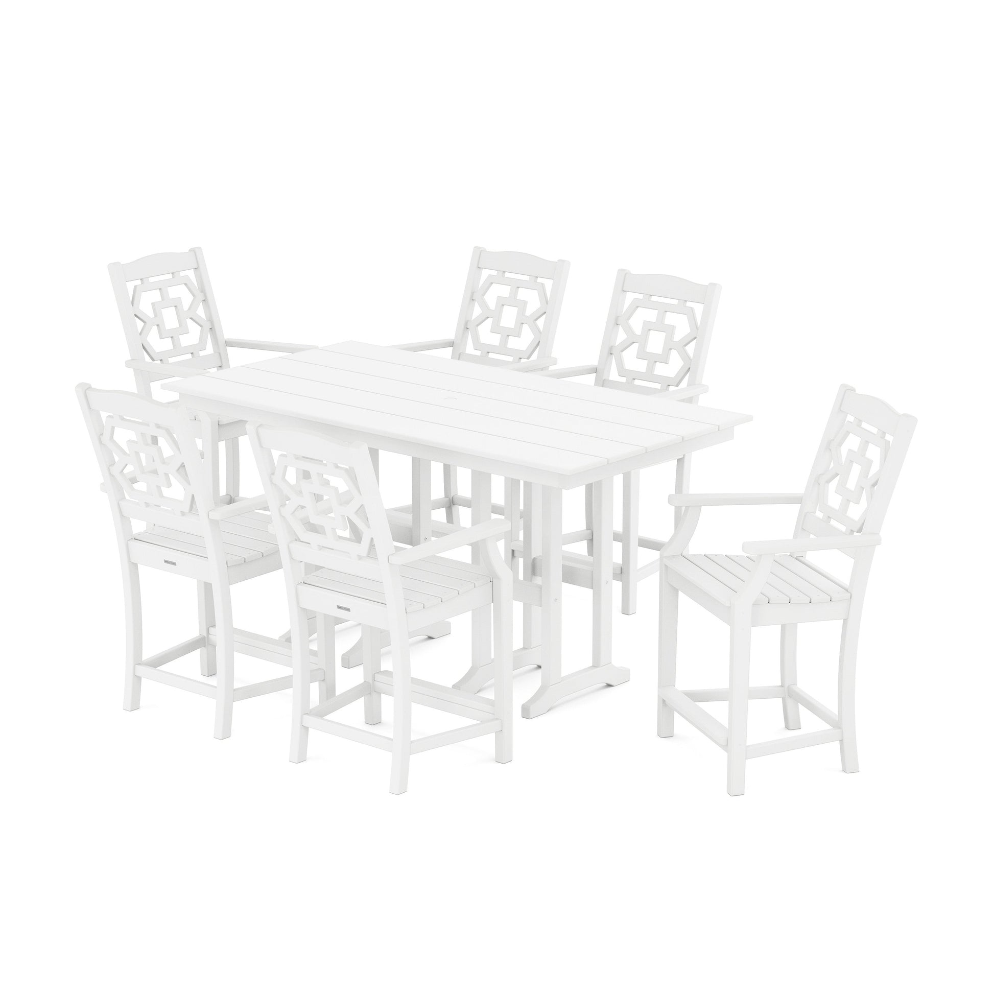POLYWOOD Chinoiserie Arm Chair 7-Piece Farmhouse Counter Set — White