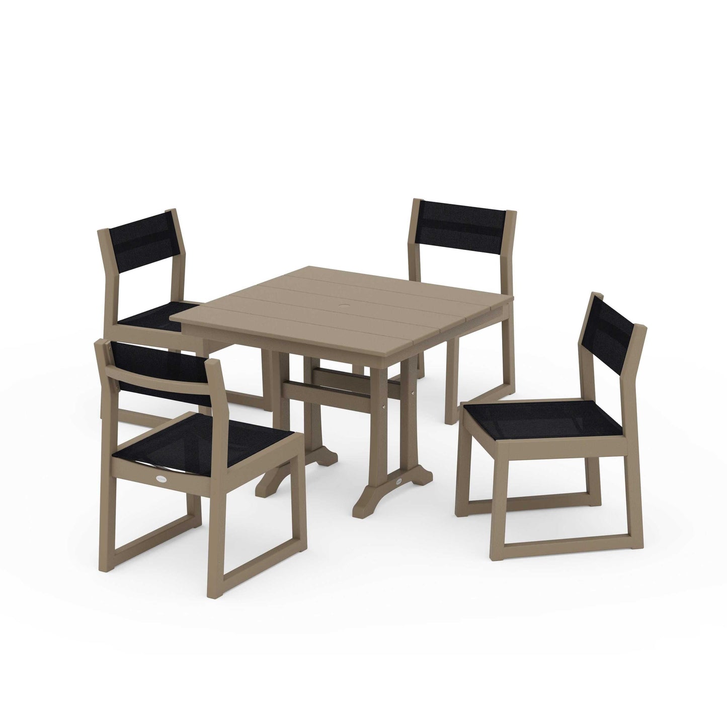 POLYWOOD EDGE Sling 5-Piece Farmhouse Trestle Side Chair Dining Set — Vintage Sahara / Black Sling