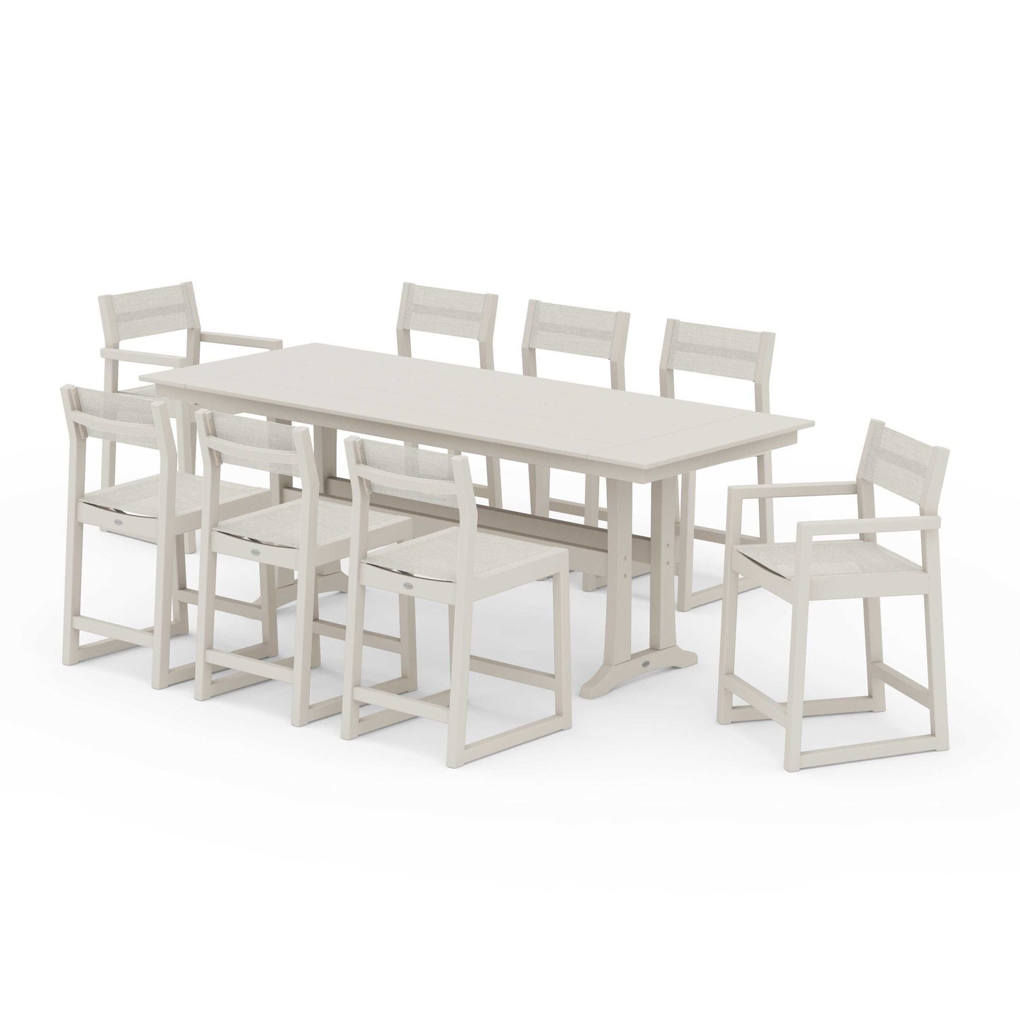 POLYWOOD EDGE Sling 9-Piece Farmhouse Counter Set with Trestle Legs — Sand / Parchment Sling