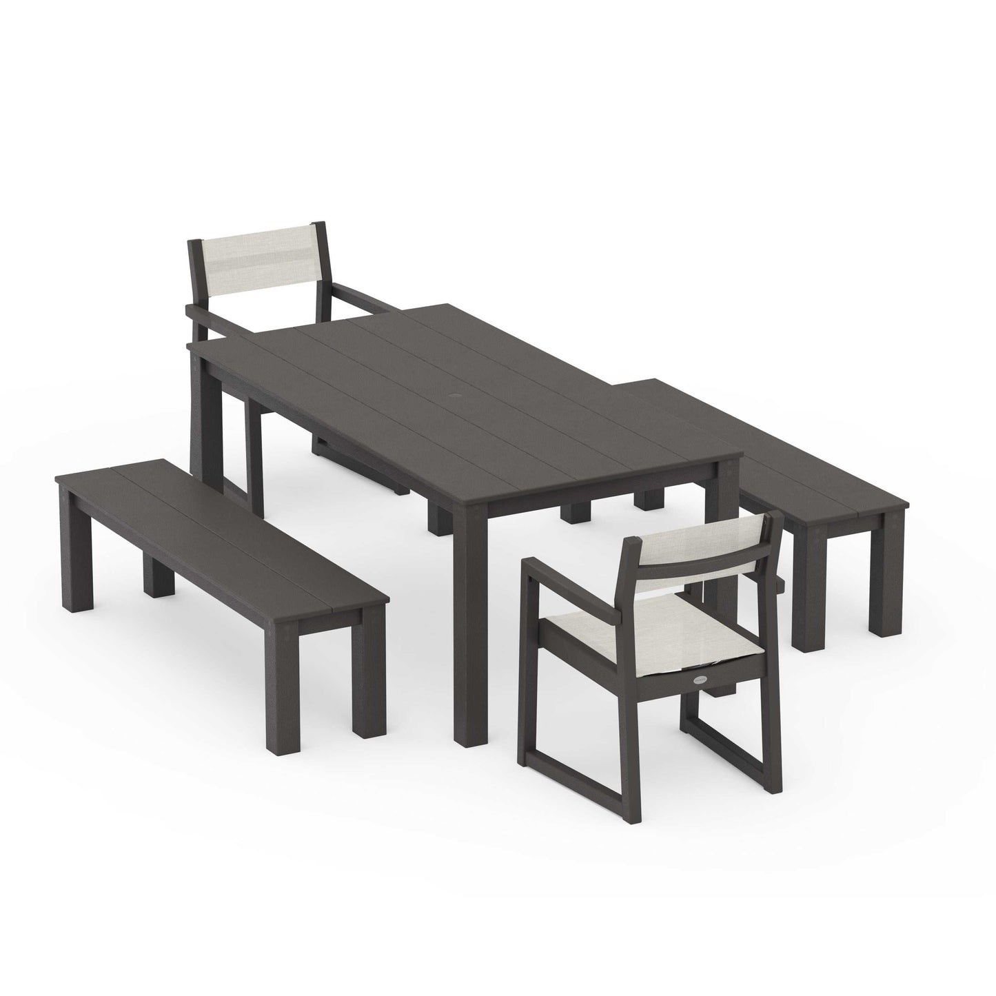 POLYWOOD EDGE Sling Arm Chair 5-Piece Parsons Dining Set with Benches — Vintage Coffee / Parchment Sling