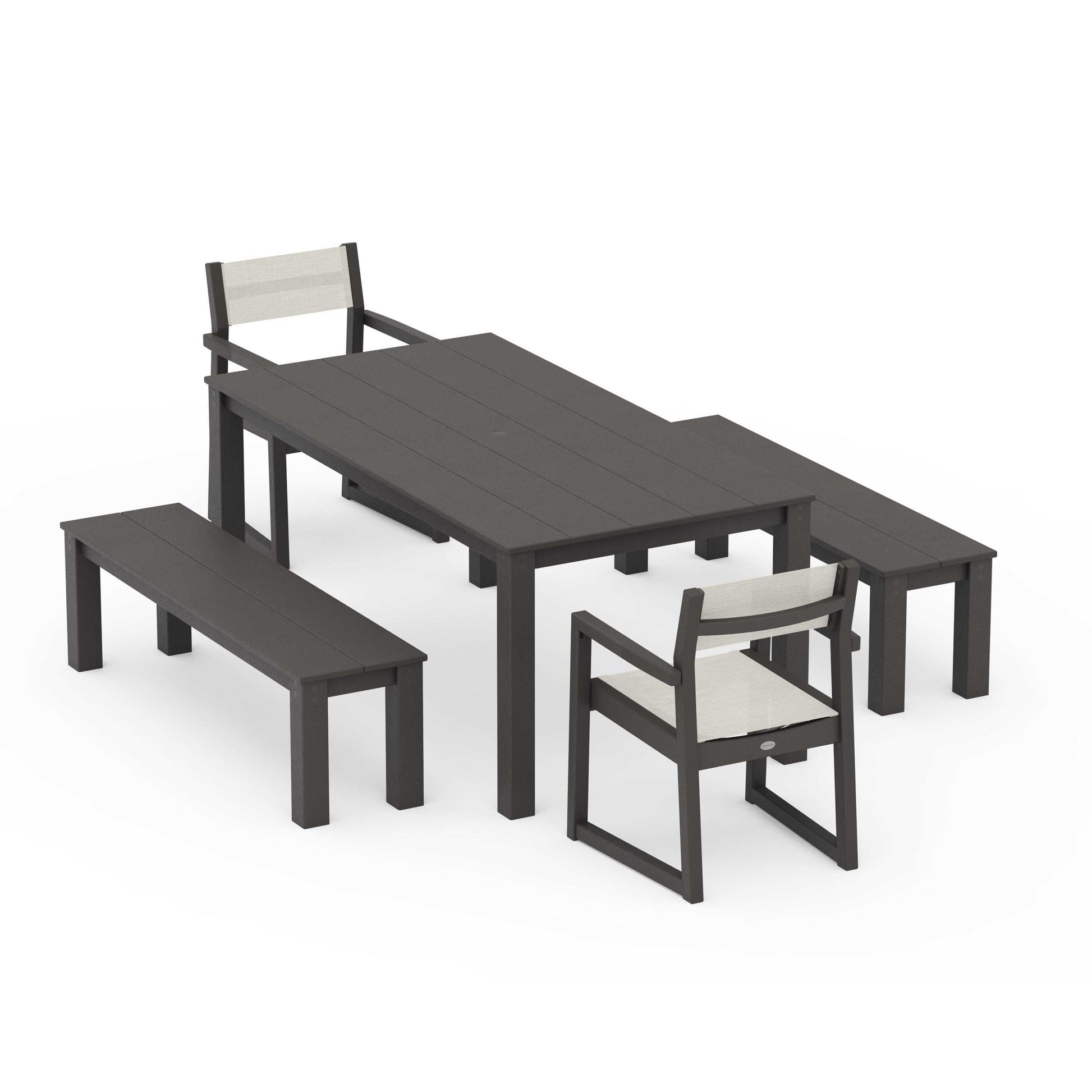POLYWOOD EDGE Sling Arm Chair 5-Piece Parsons Dining Set with Benches — Vintage Coffee / Parchment Sling