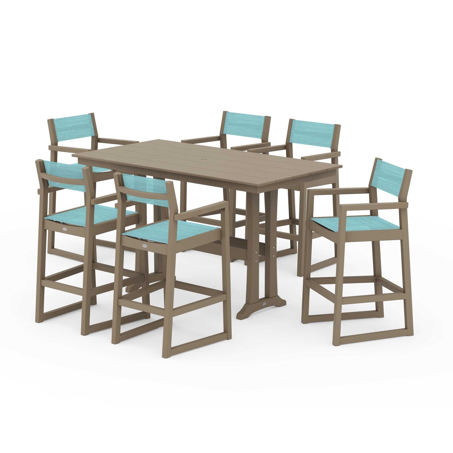 POLYWOOD EDGE Sling Arm Chair 7-Piece Farmhouse Bar Set with Trestle Legs — Vintage Sahara / Dupioni Aquamarine Sling