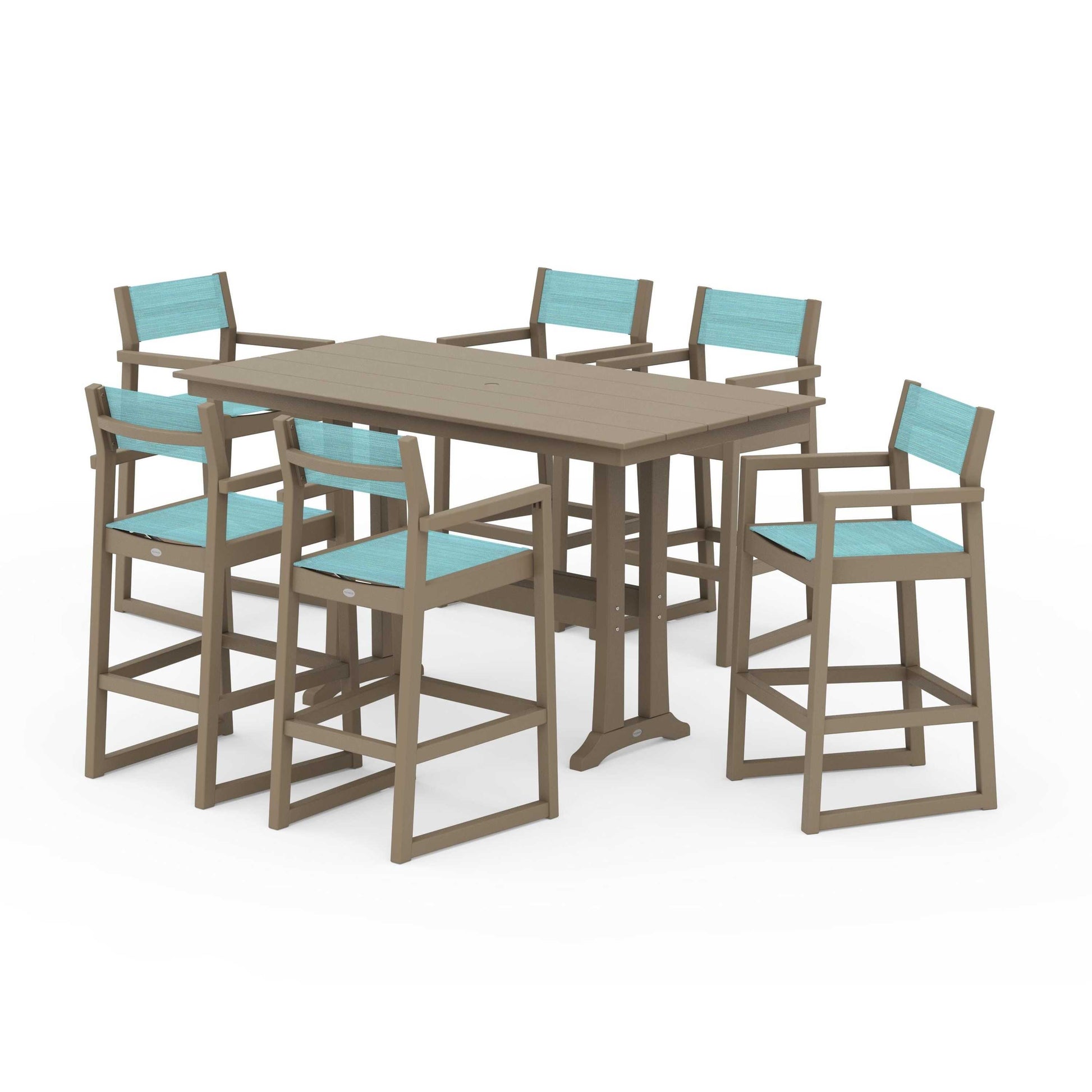 POLYWOOD EDGE Sling Arm Chair 7-Piece Farmhouse Bar Set with Trestle Legs — Vintage Sahara / Dupioni Aquamarine Sling