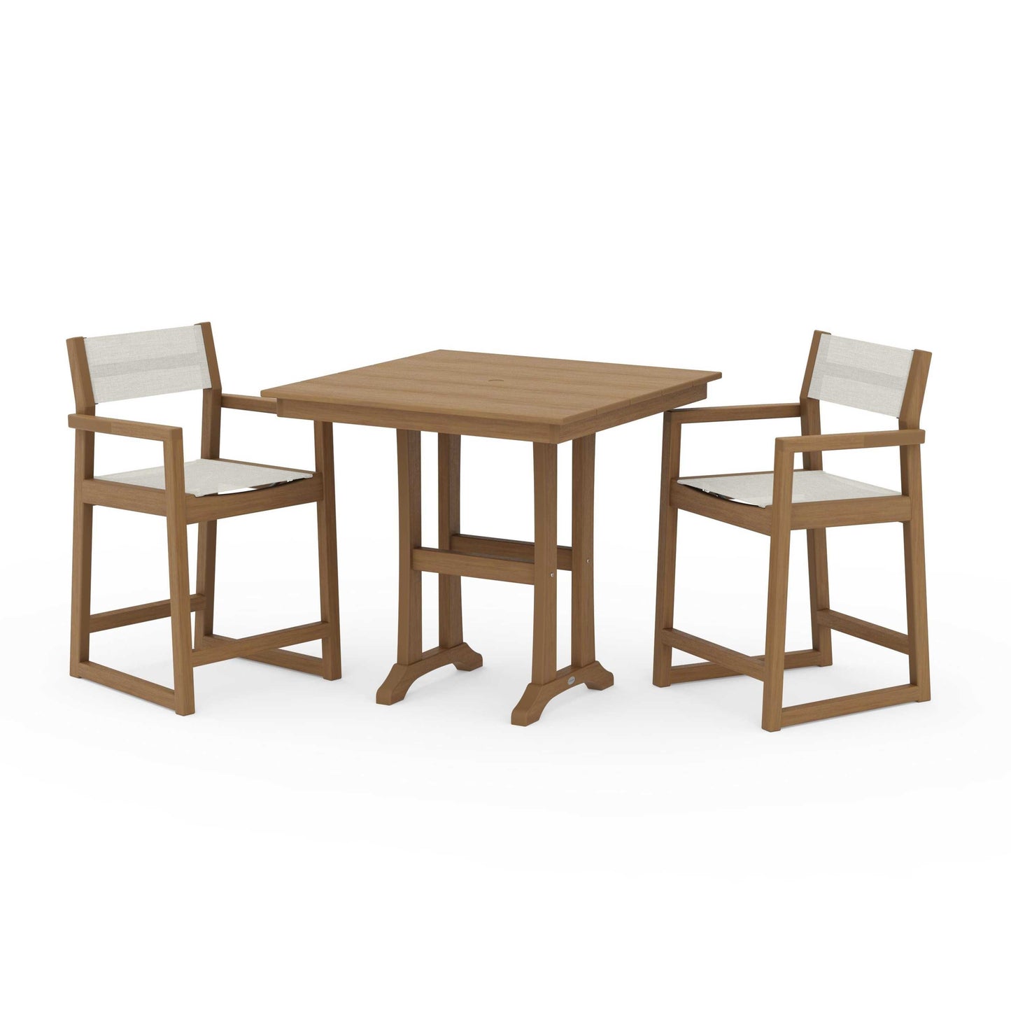 POLYWOOD EDGE Sling Arm Chair 3-Piece Farmhouse Counter Set with Trestle Legs — Natural / Parchment Sling