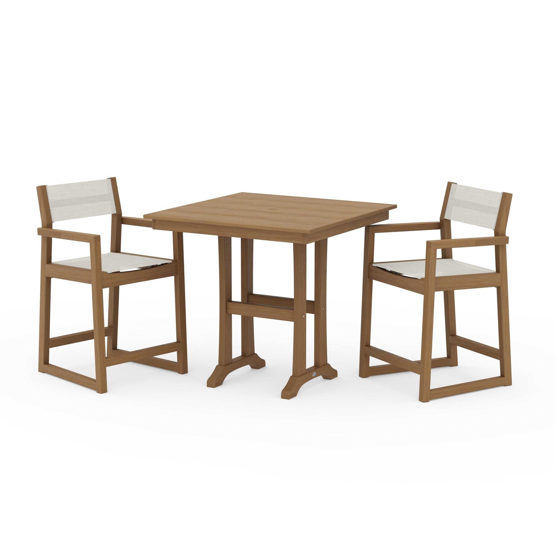 POLYWOOD EDGE Sling Arm Chair 3-Piece Farmhouse Counter Set with Trestle Legs — Natural / Parchment Sling