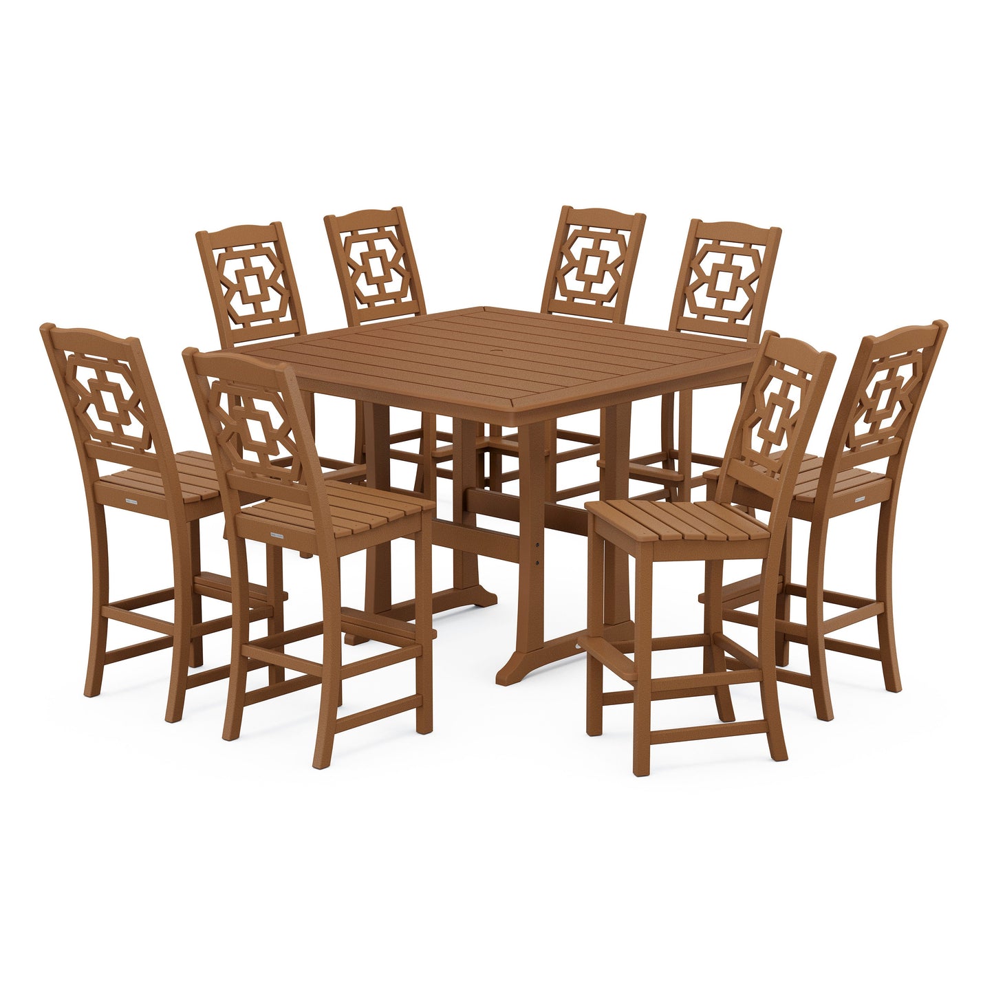 POLYWOOD Chinoiserie 9-Piece Square Side Chair Bar Set with Trestle Legs — Teak