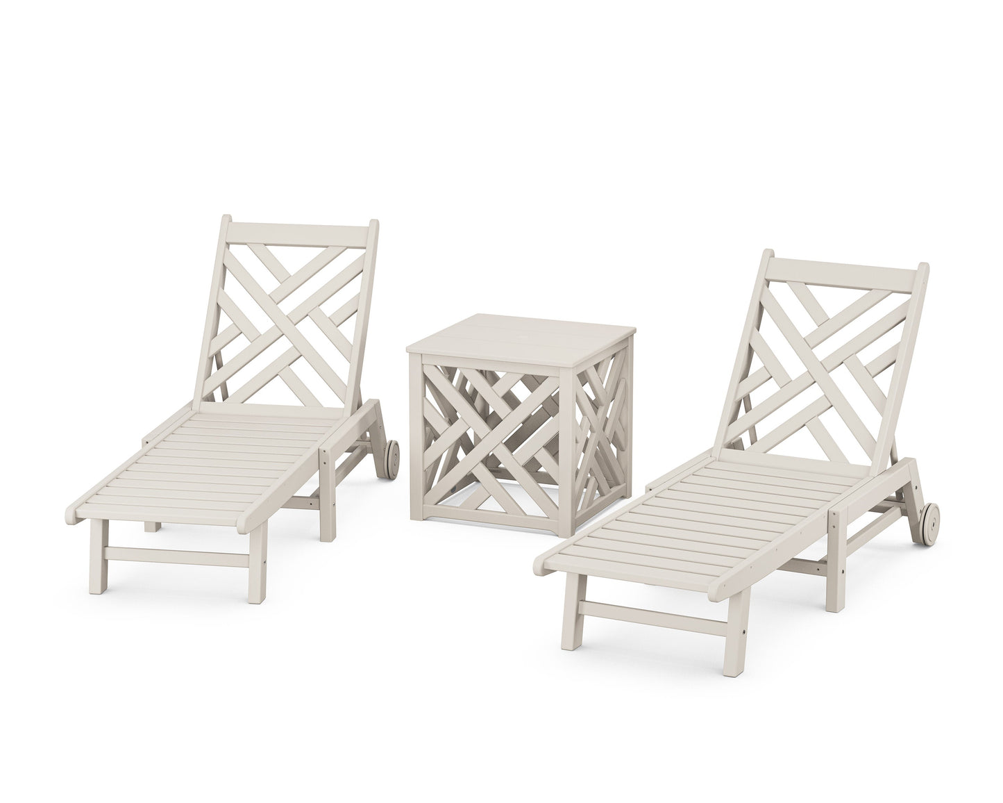 POLYWOOD Chippendale 3-Piece Chaise Set with Wheels and Umbrella Stand Accent Table — Sand