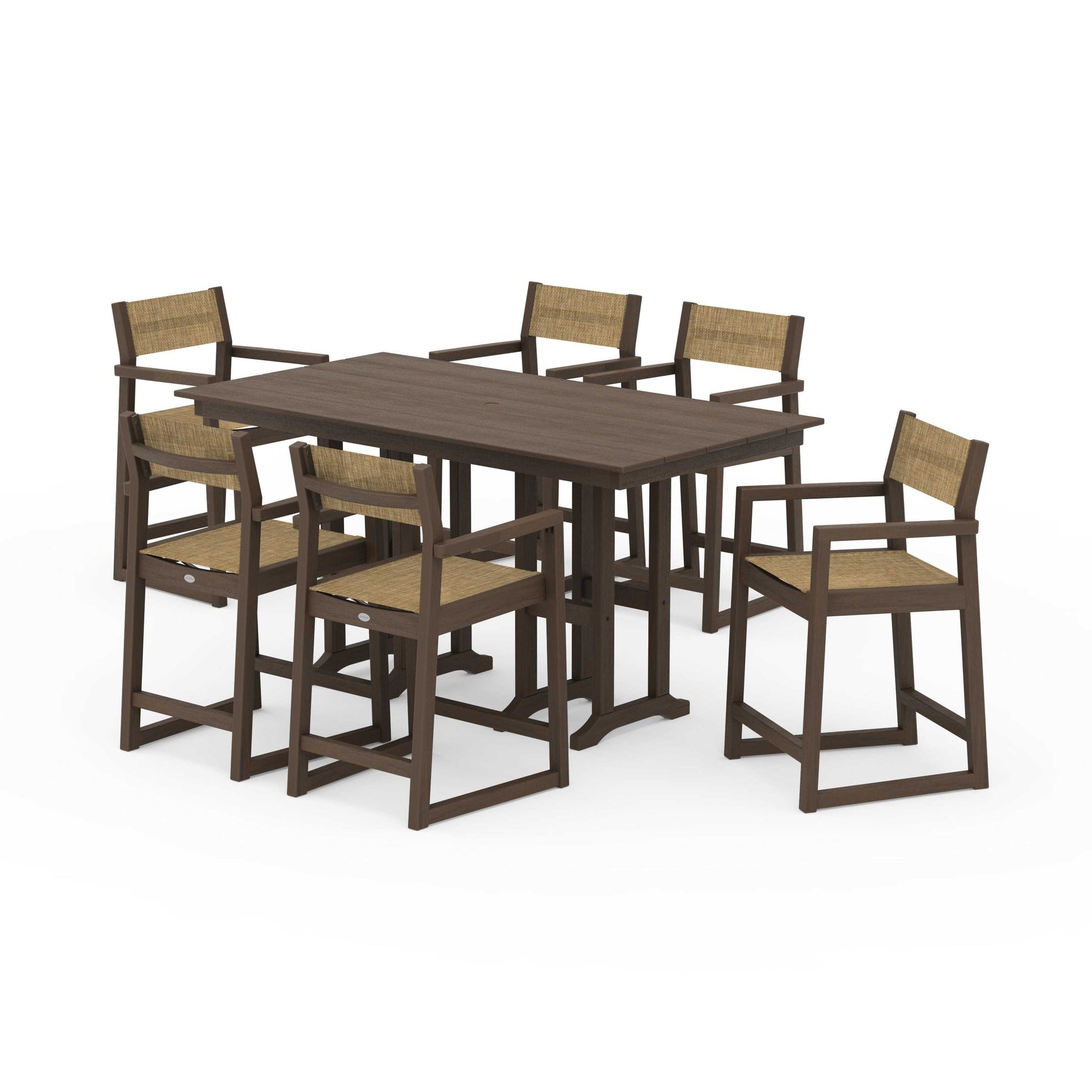 POLYWOOD EDGE Sling Arm Chair 7-Piece Farmhouse Counter Set — Kona / Burlap Sling