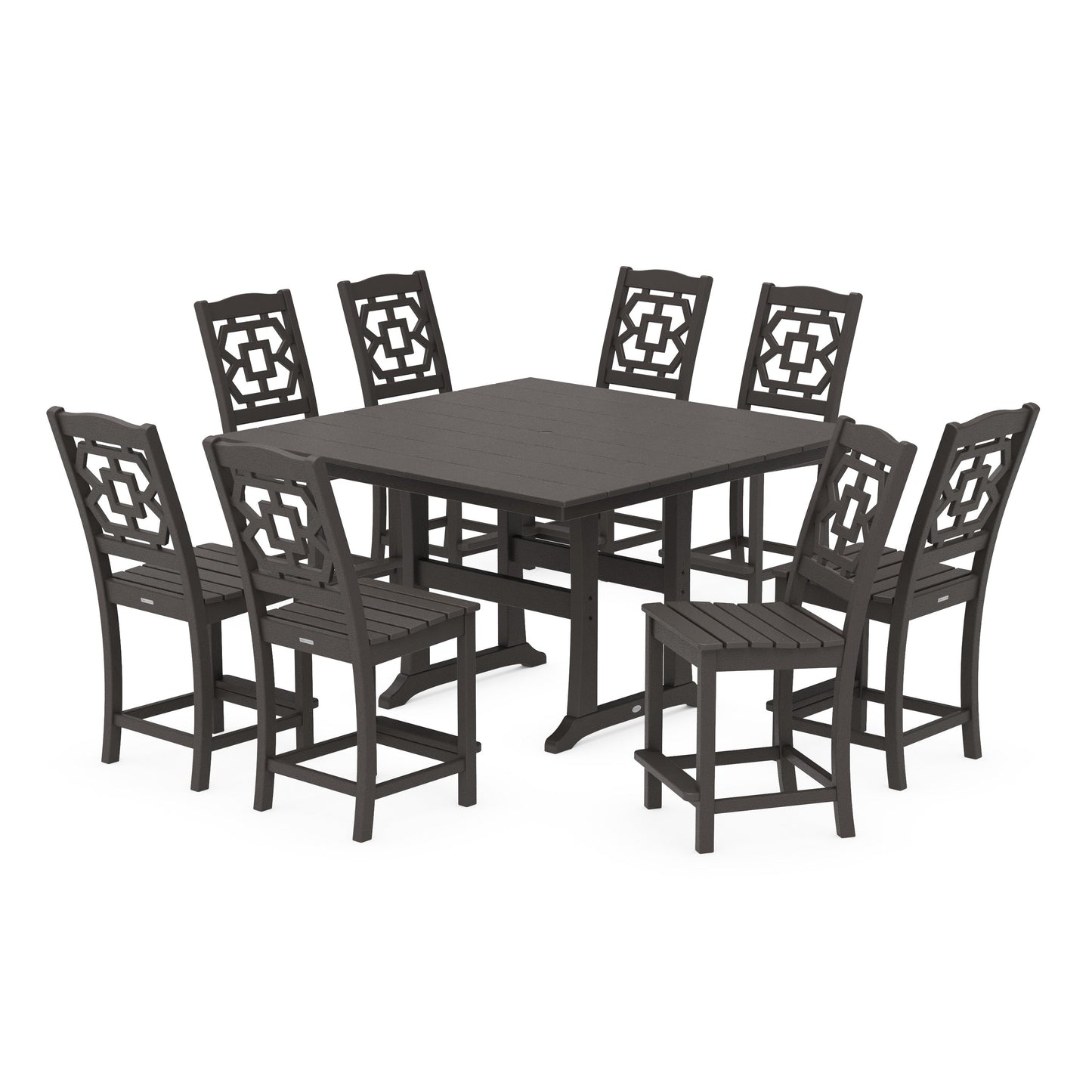 POLYWOOD Chinoiserie 9-Piece Square Farmhouse Side Chair Counter Set with Trestle Legs — Vintage Coffee