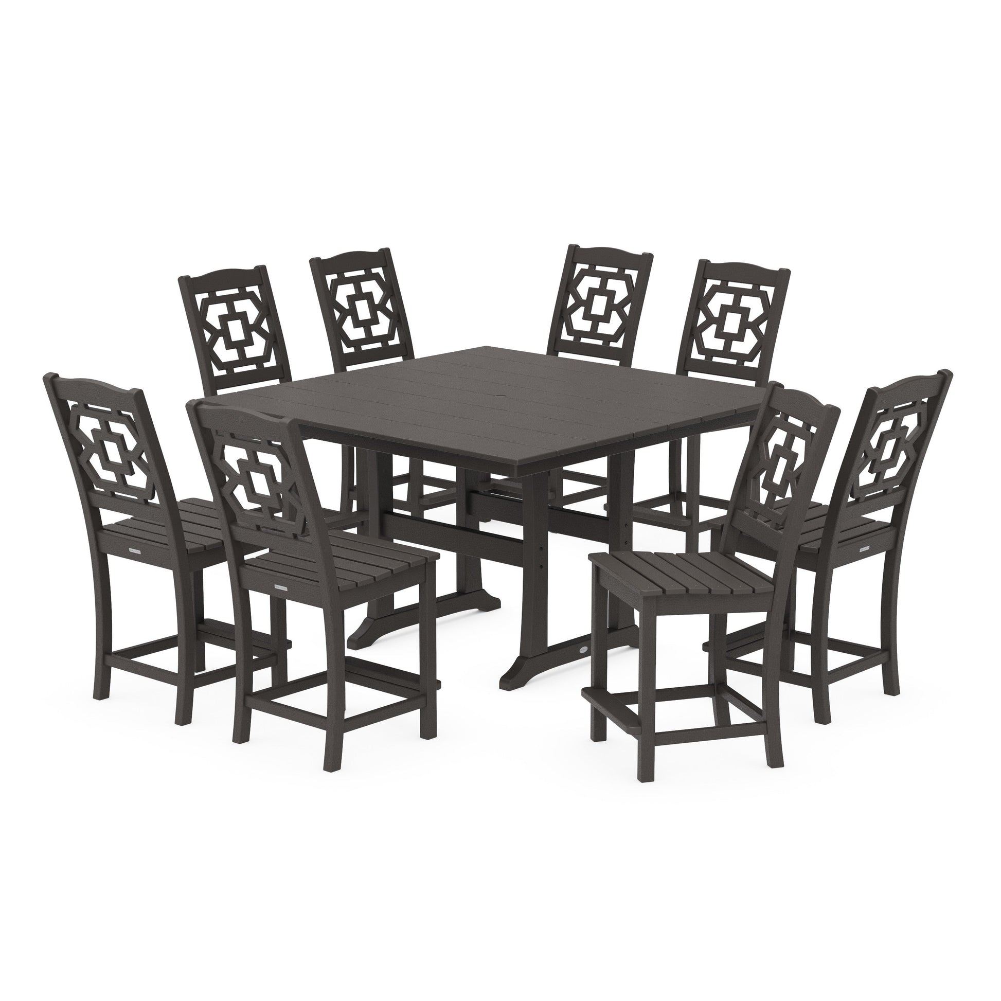 POLYWOOD Chinoiserie 9-Piece Square Farmhouse Side Chair Counter Set with Trestle Legs — Vintage Coffee