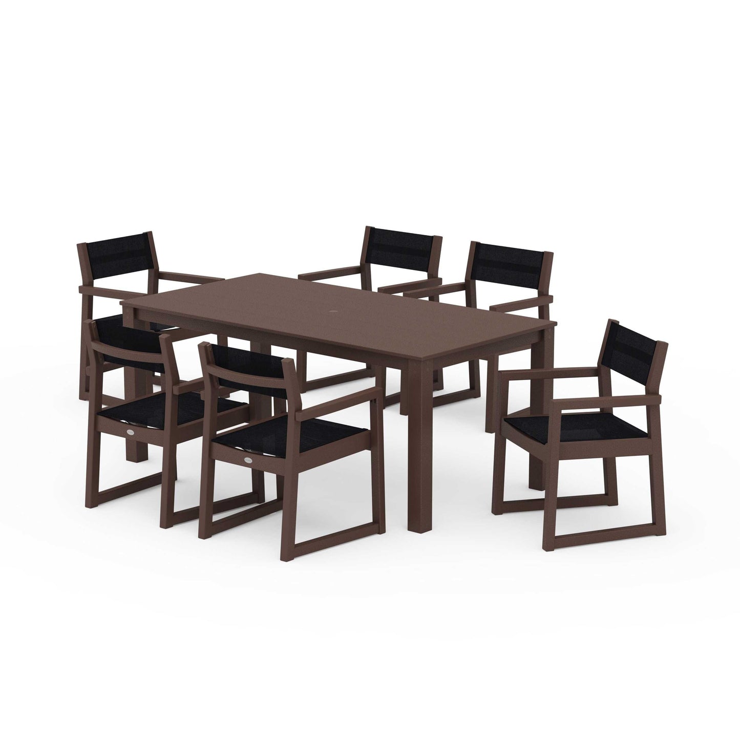 POLYWOOD EDGE Sling Arm Chair 7-Piece Parsons Dining Set — Mahogany / Black Sling