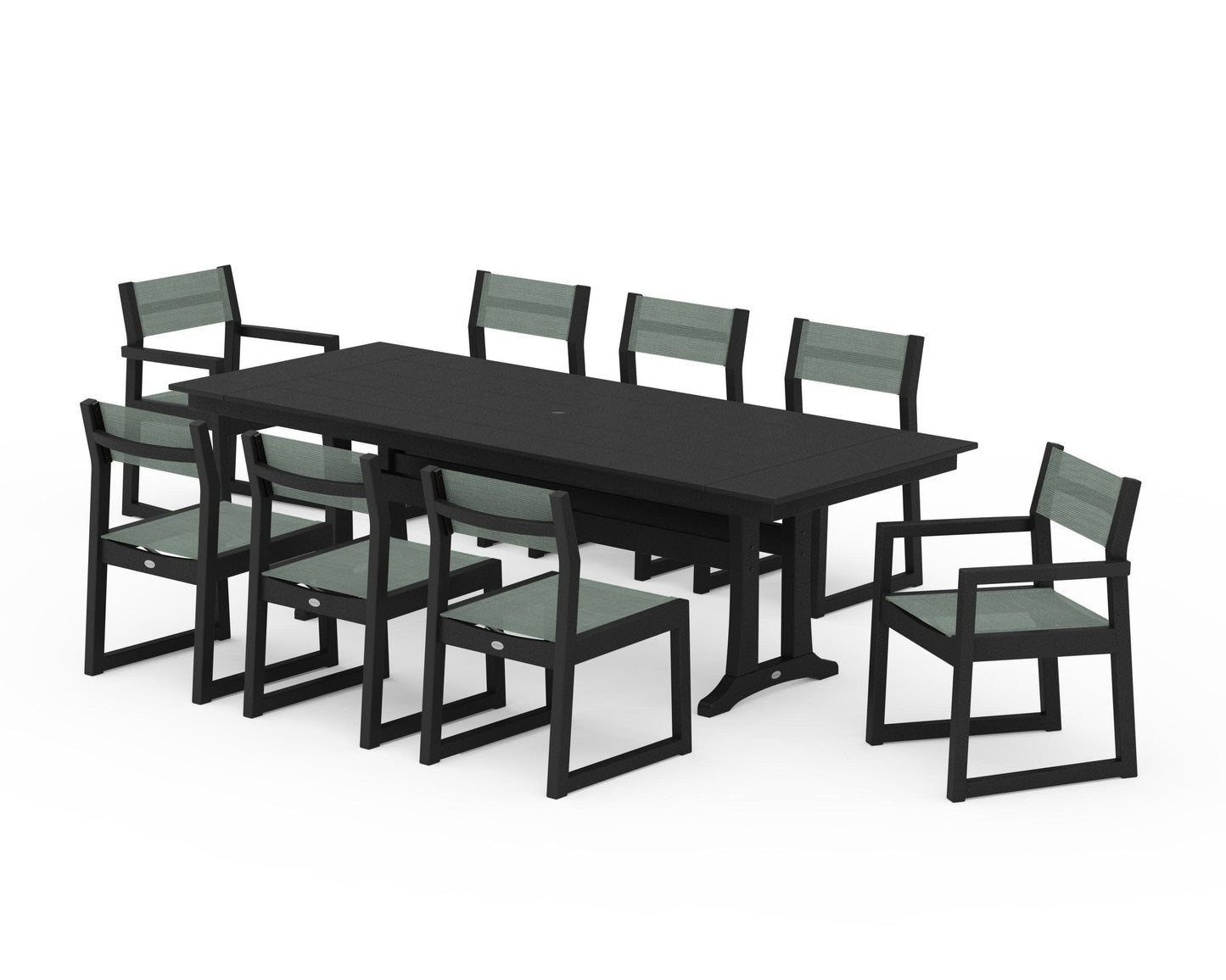 POLYWOOD EDGE Sling 9-Piece Farmhouse Trestle Dining Set — Black / Dupioni Sea Mist Sling