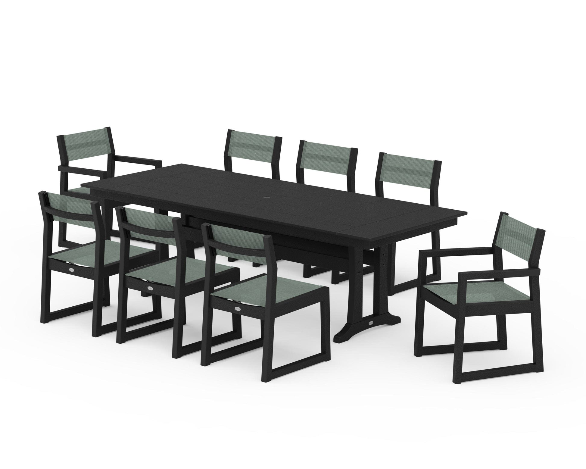 POLYWOOD EDGE Sling 9-Piece Farmhouse Trestle Dining Set — Black / Dupioni Sea Mist Sling