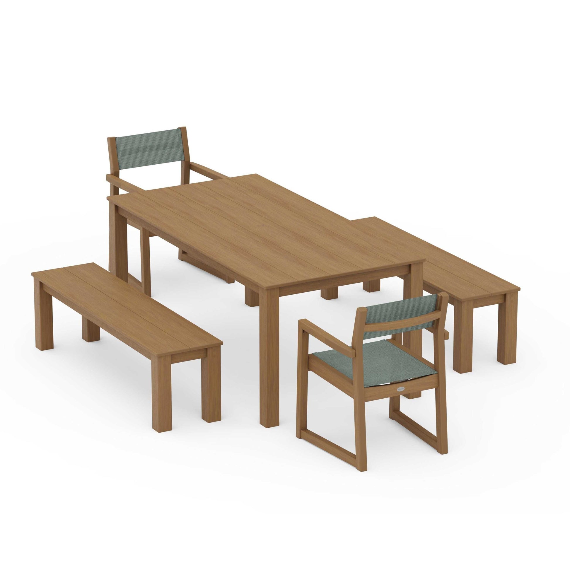 POLYWOOD EDGE Sling Arm Chair 5-Piece Parsons Dining Set with Benches — Natural / Dupioni Sea Mist Sling