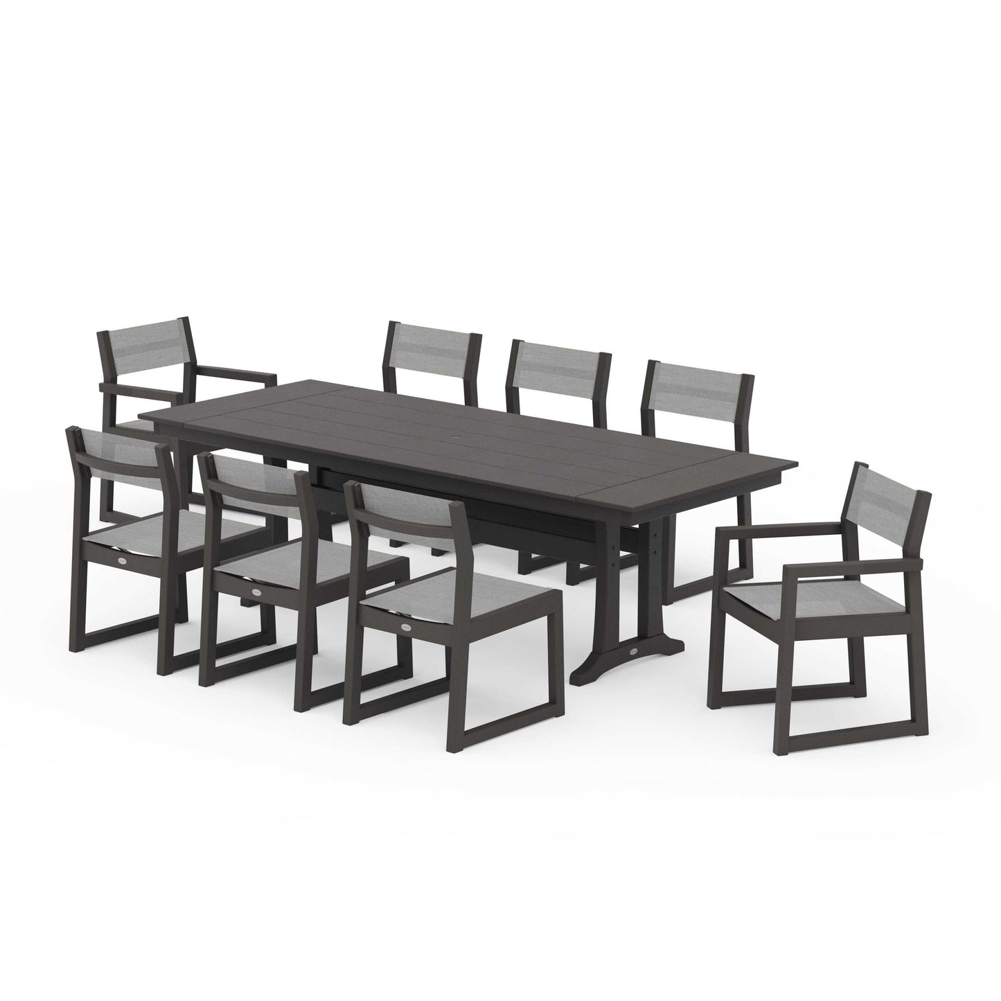 POLYWOOD EDGE Sling 9-Piece Farmhouse Trestle Dining Set — Vintage Coffee / Metallic Sling