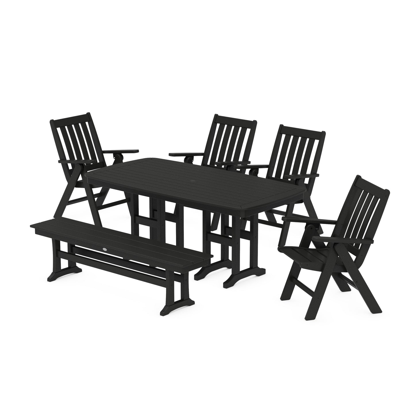 POLYWOOD Vineyard Folding Chair 6-Piece Dining Set with Bench — Black