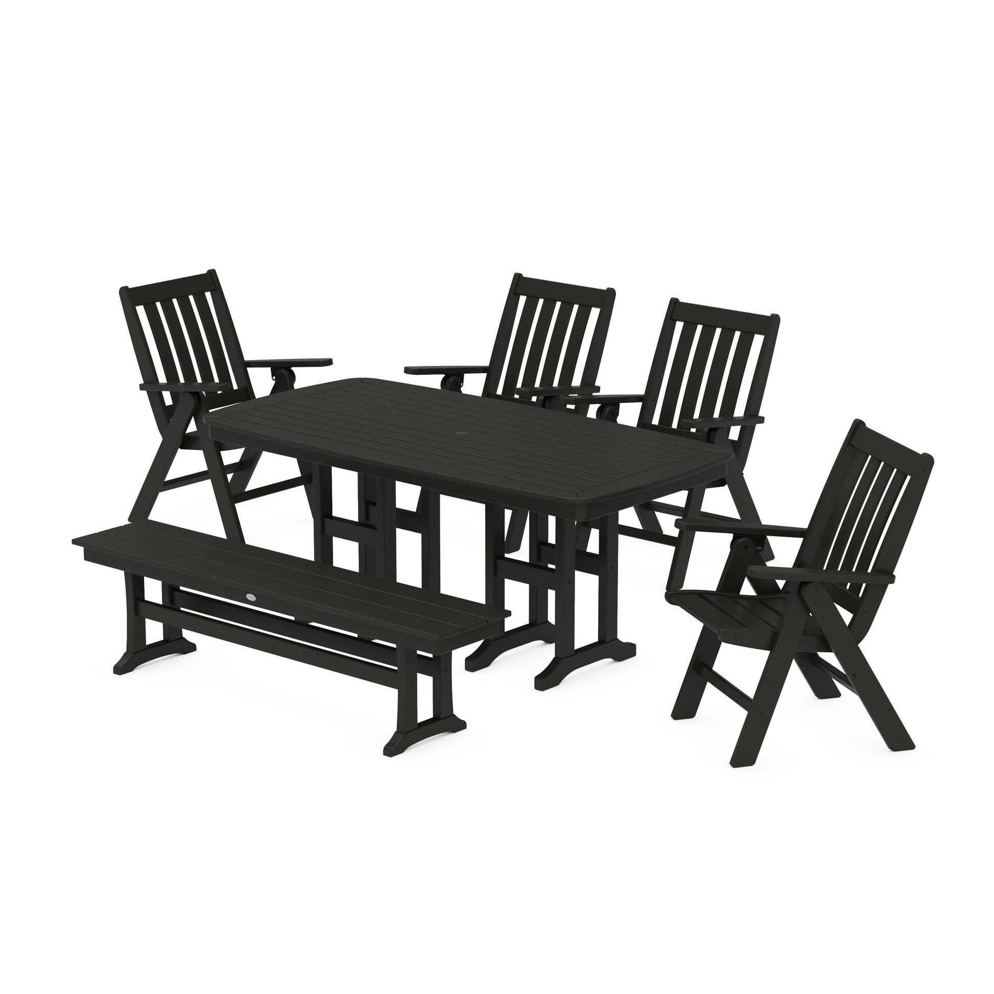 POLYWOOD Vineyard Folding Chair 6-Piece Dining Set with Bench — Black