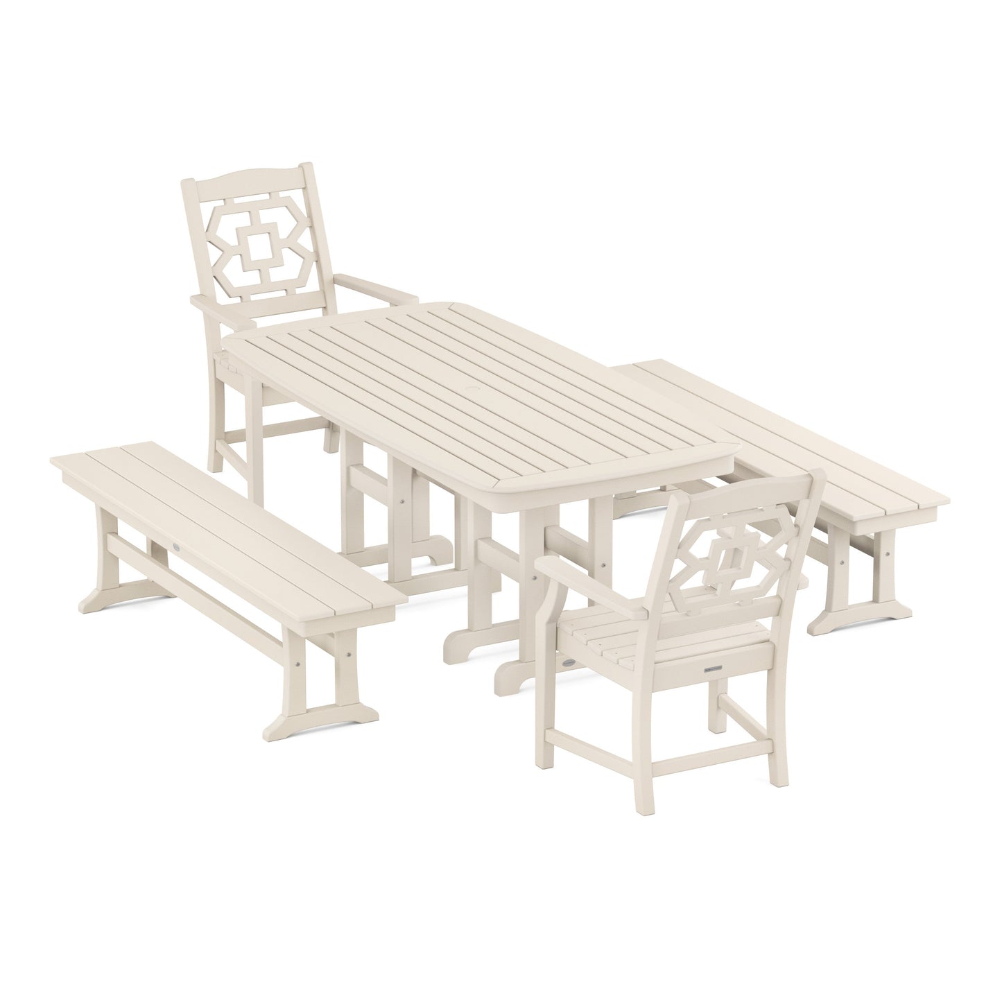 POLYWOOD Chinoiserie 5-Piece Dining Set with Benches — Sand