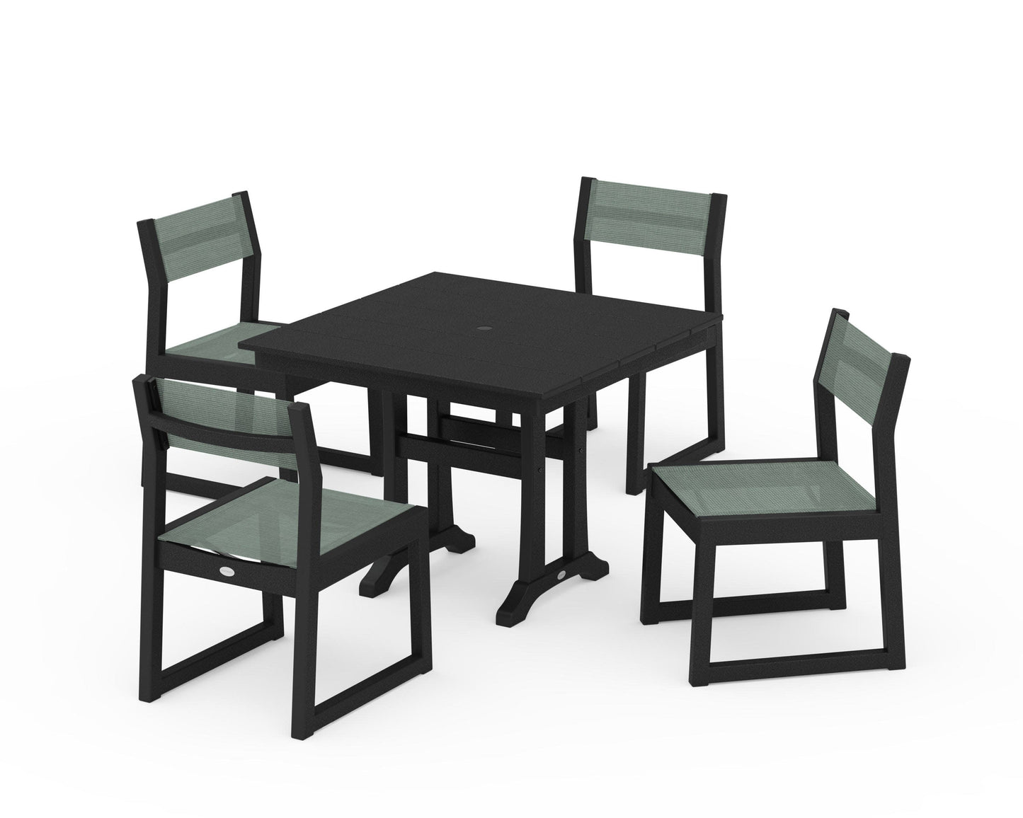 POLYWOOD EDGE Sling 5-Piece Farmhouse Trestle Side Chair Dining Set — Black / Dupioni Sea Mist Sling