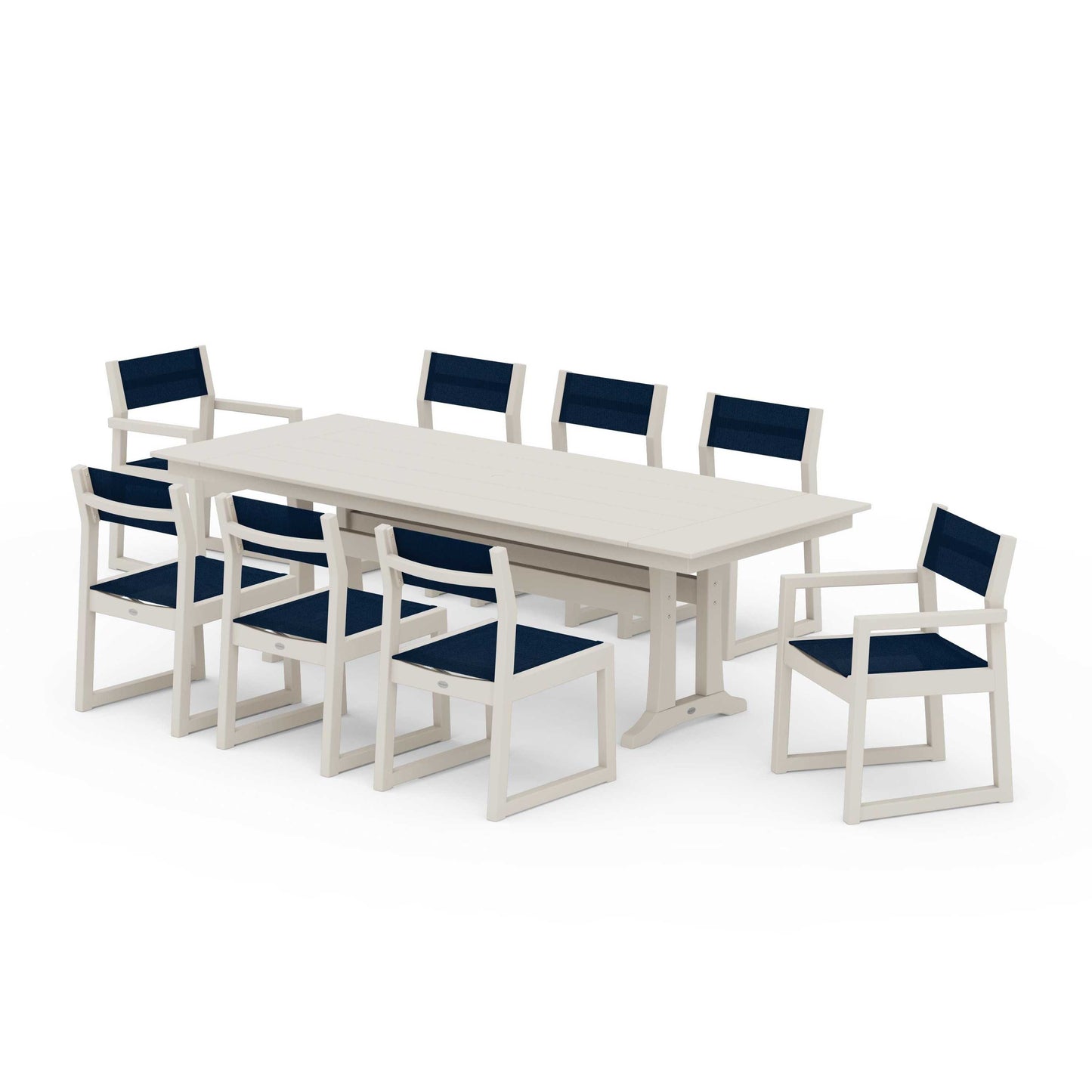 POLYWOOD EDGE Sling 9-Piece Farmhouse Trestle Dining Set — Sand / Navy Blue Sling