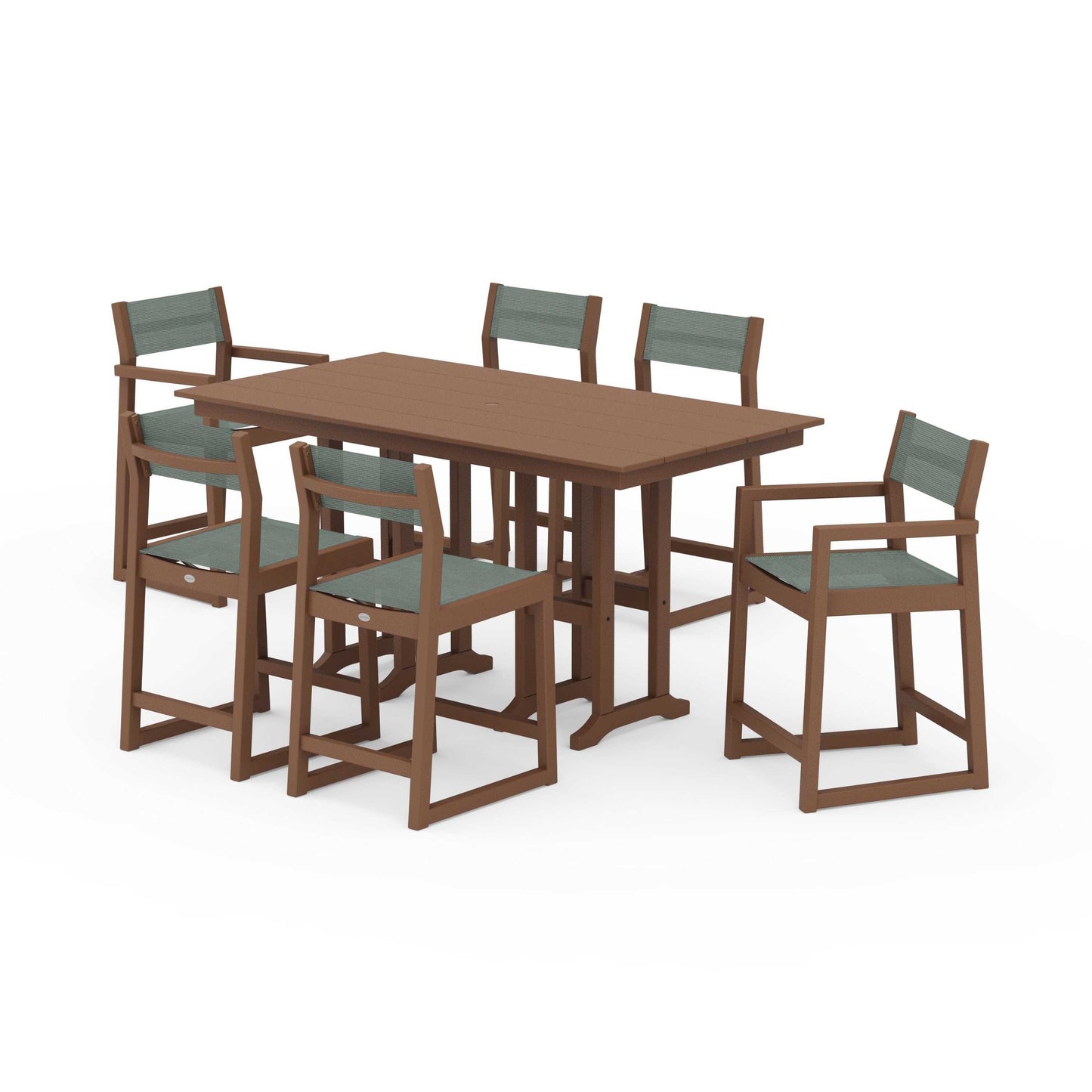 POLYWOOD EDGE Sling 7-Piece Farmhouse Counter Set with Trestle Legs — Teak / Dupioni Sea Mist Sling