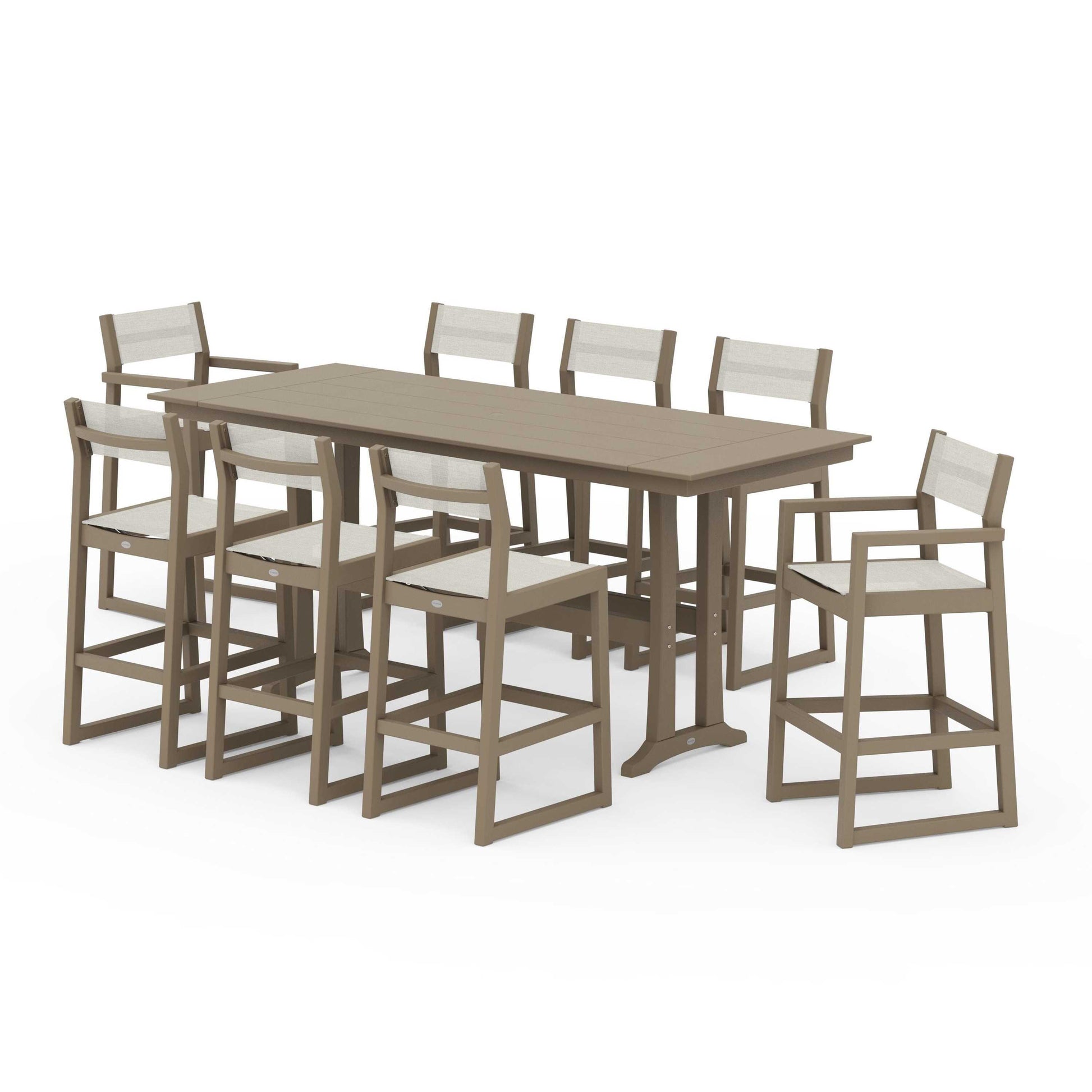 POLYWOOD EDGE Sling 9-Piece Farmhouse Bar Set with Trestle Legs — Vintage Sahara / Parchment Sling