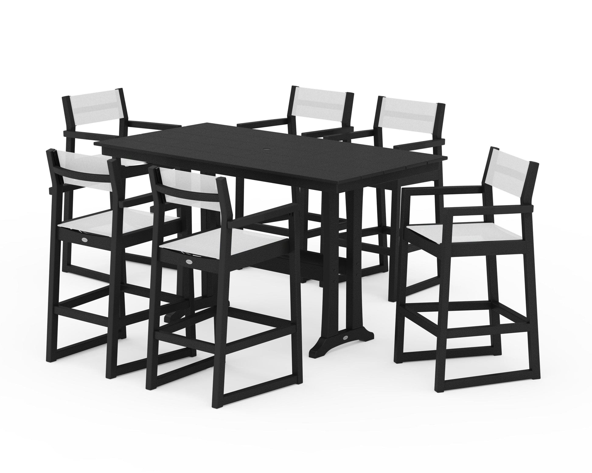 POLYWOOD EDGE Sling Arm Chair 7-Piece Farmhouse Bar Set with Trestle Legs — Black / White Sling