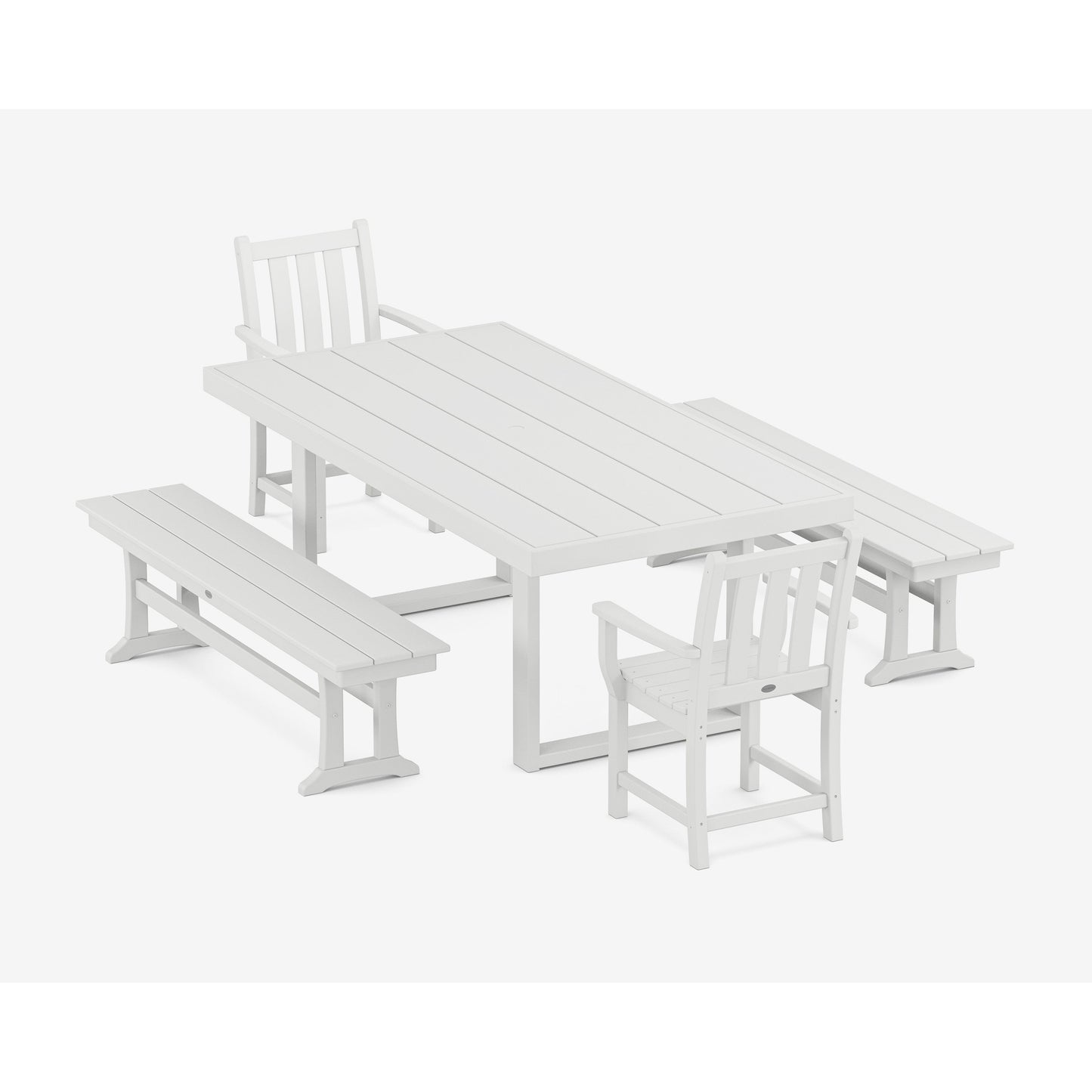 POLYWOOD Traditional Garden 5-Piece Dining Set with Benches — White