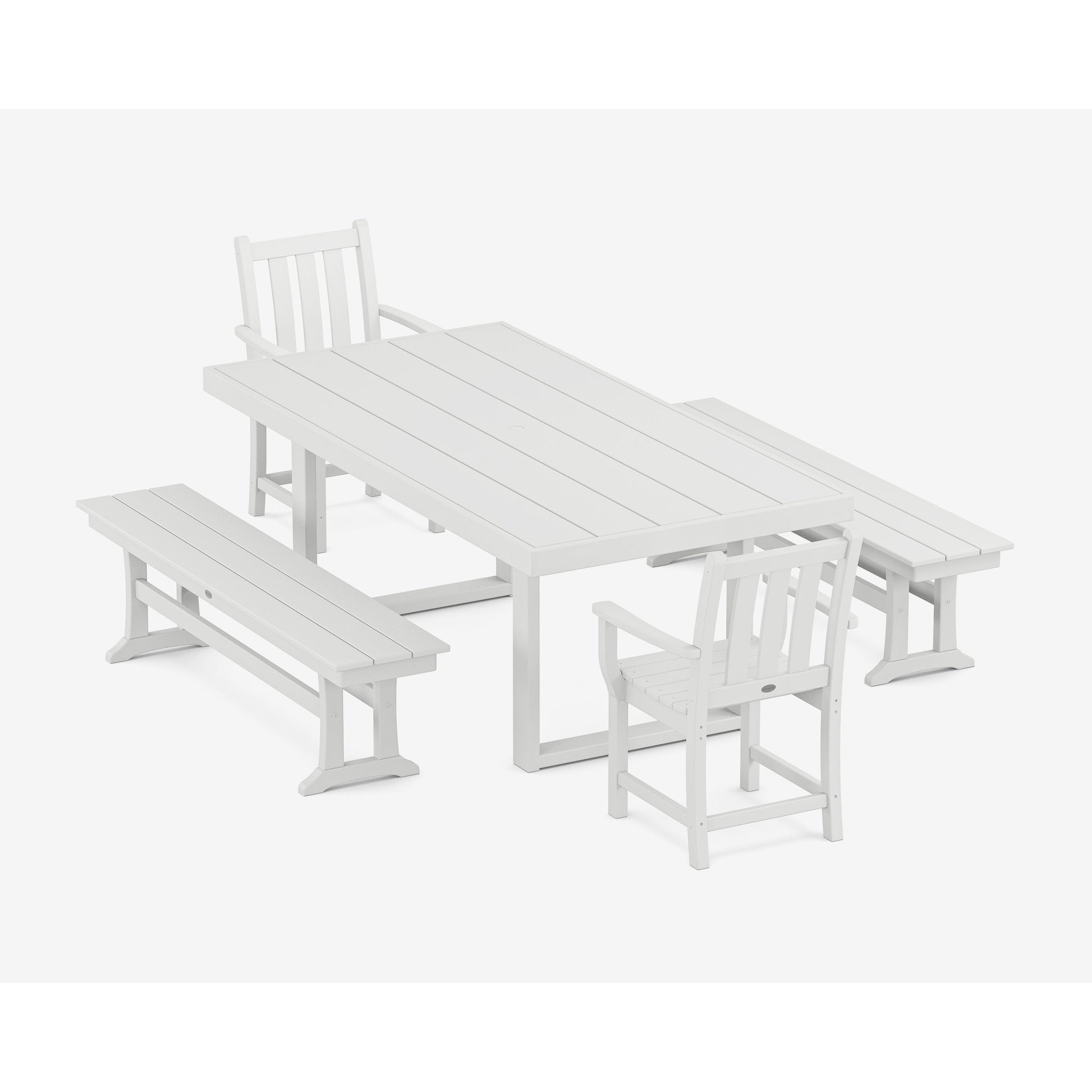 POLYWOOD Traditional Garden 5-Piece Dining Set with Benches — White