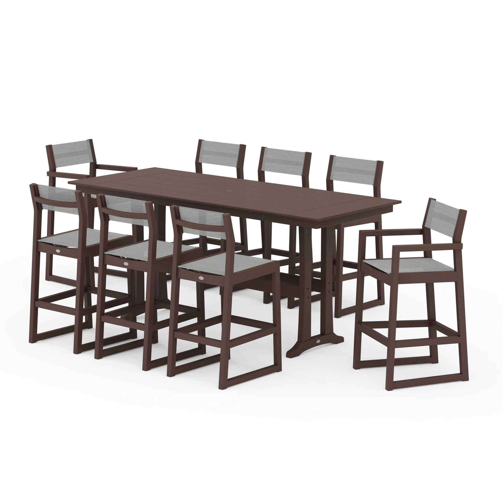 POLYWOOD EDGE Sling 9-Piece Farmhouse Bar Set with Trestle Legs — Mahogany / Metallic Sling
