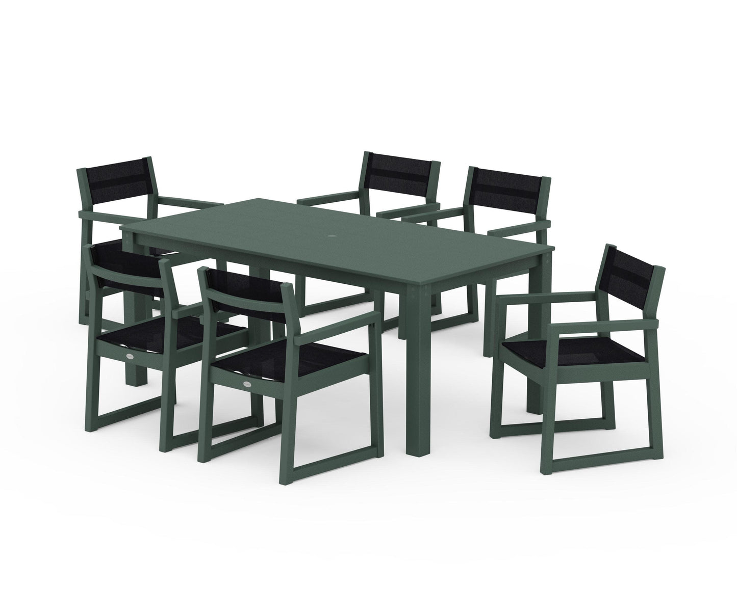 POLYWOOD EDGE Sling Arm Chair 7-Piece Parsons Dining Set — Green / Black Sling