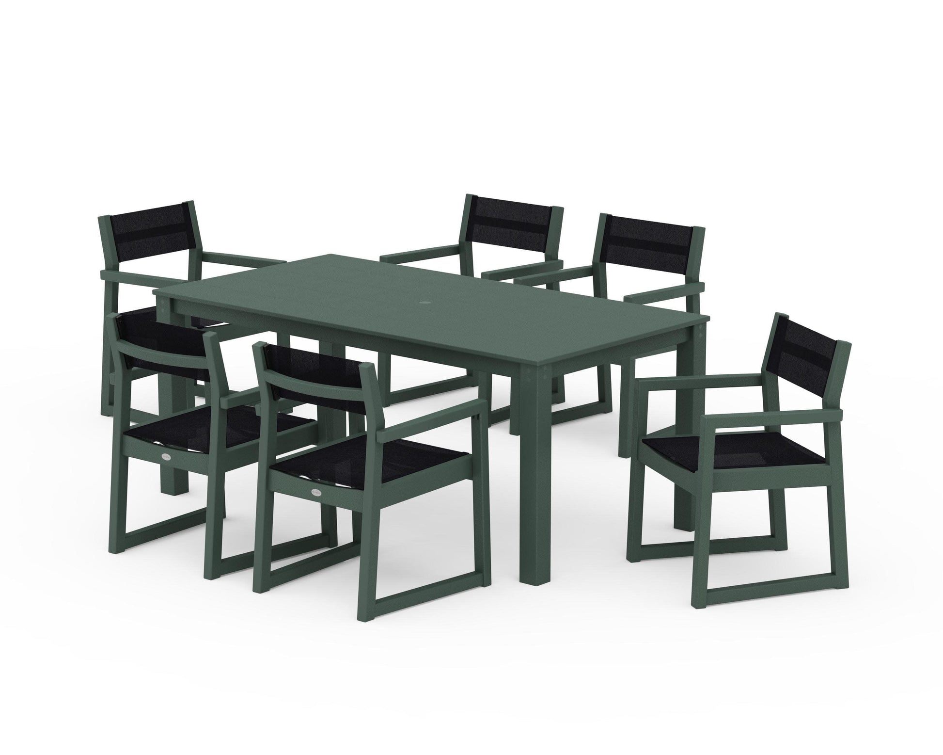 POLYWOOD EDGE Sling Arm Chair 7-Piece Parsons Dining Set — Green / Black Sling